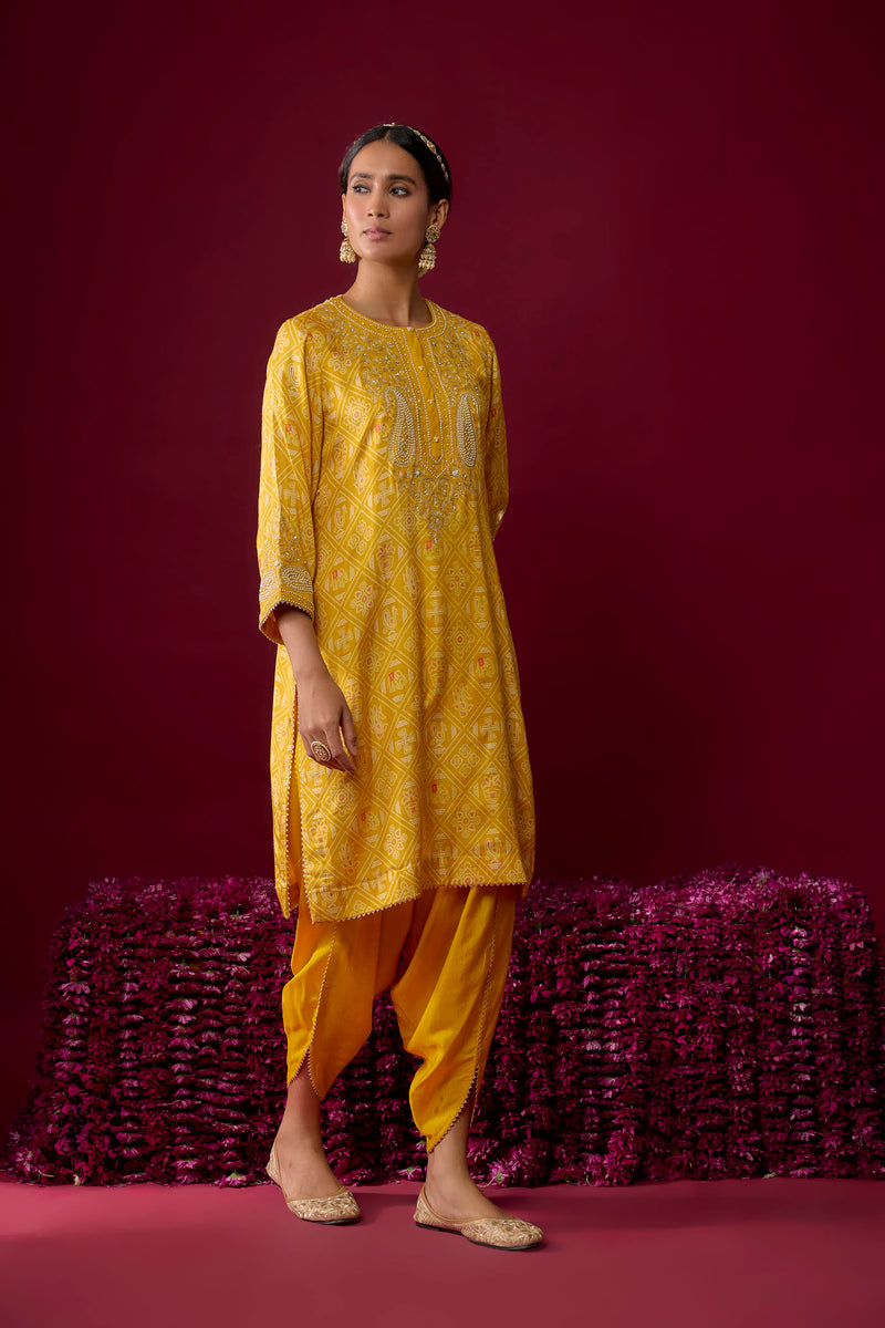 Rafiyah - Mustard Short Kurta With Dhoti