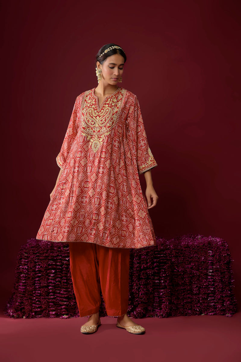 Urwa - Deep Red Short Chauga With Salwar