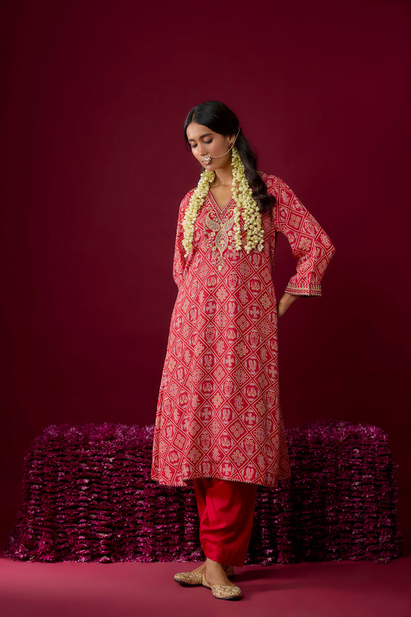 Safiya - Deep Red Long Kaaftan With Salwar