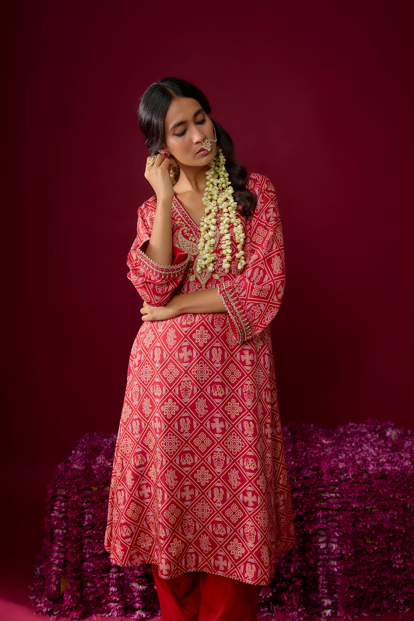 Safiya - Deep Red Long Kaaftan With Salwar
