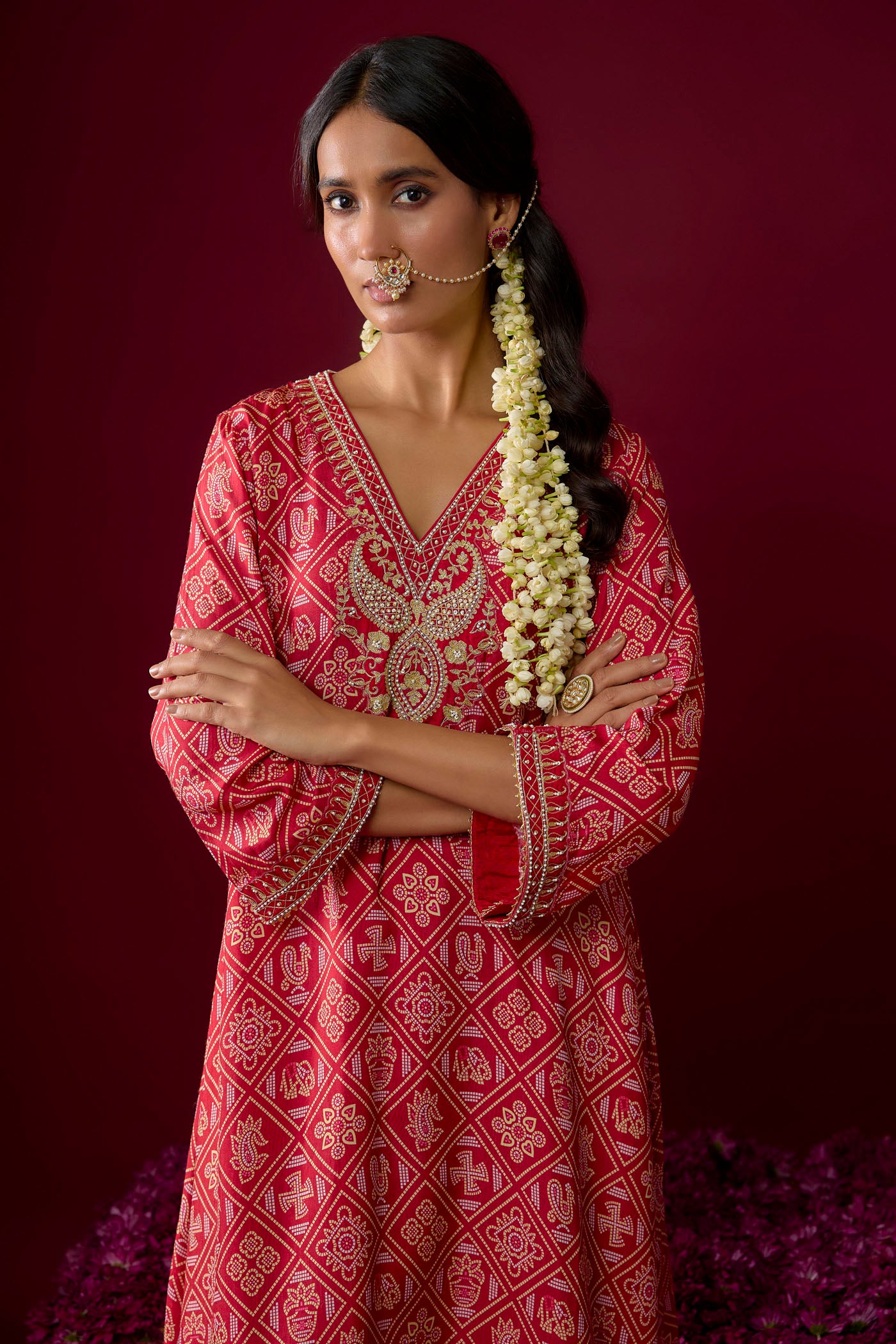 Safiya - Deep Red Long Kaaftan With Salwar