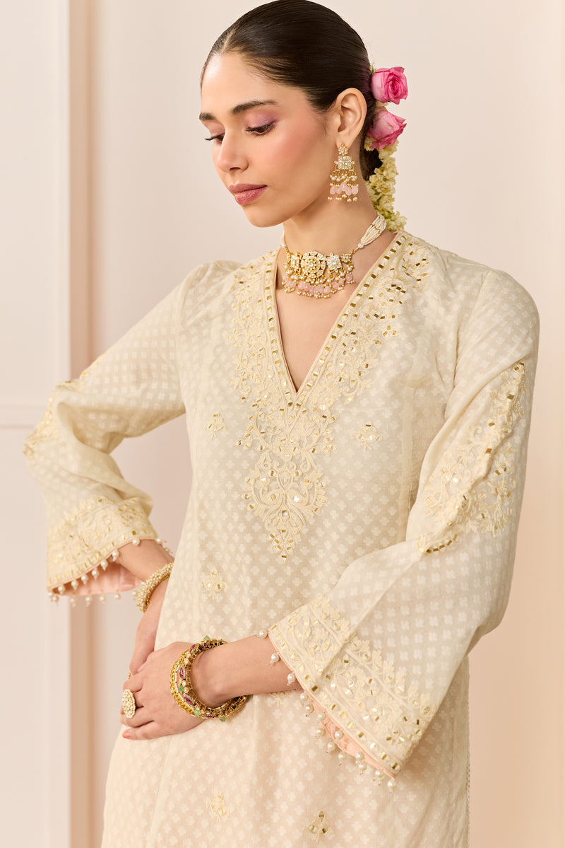 RUHANI -DAISY IVORY SHORT KURTA WITH SHARARA AND DUPATTA