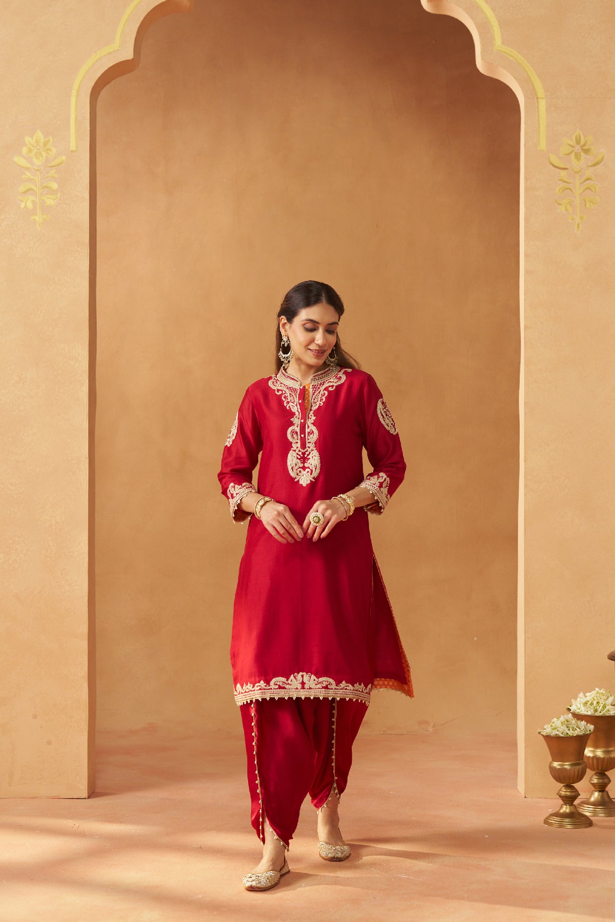 Aabisah- Deep Red Embroidered Kurta With Dhoti