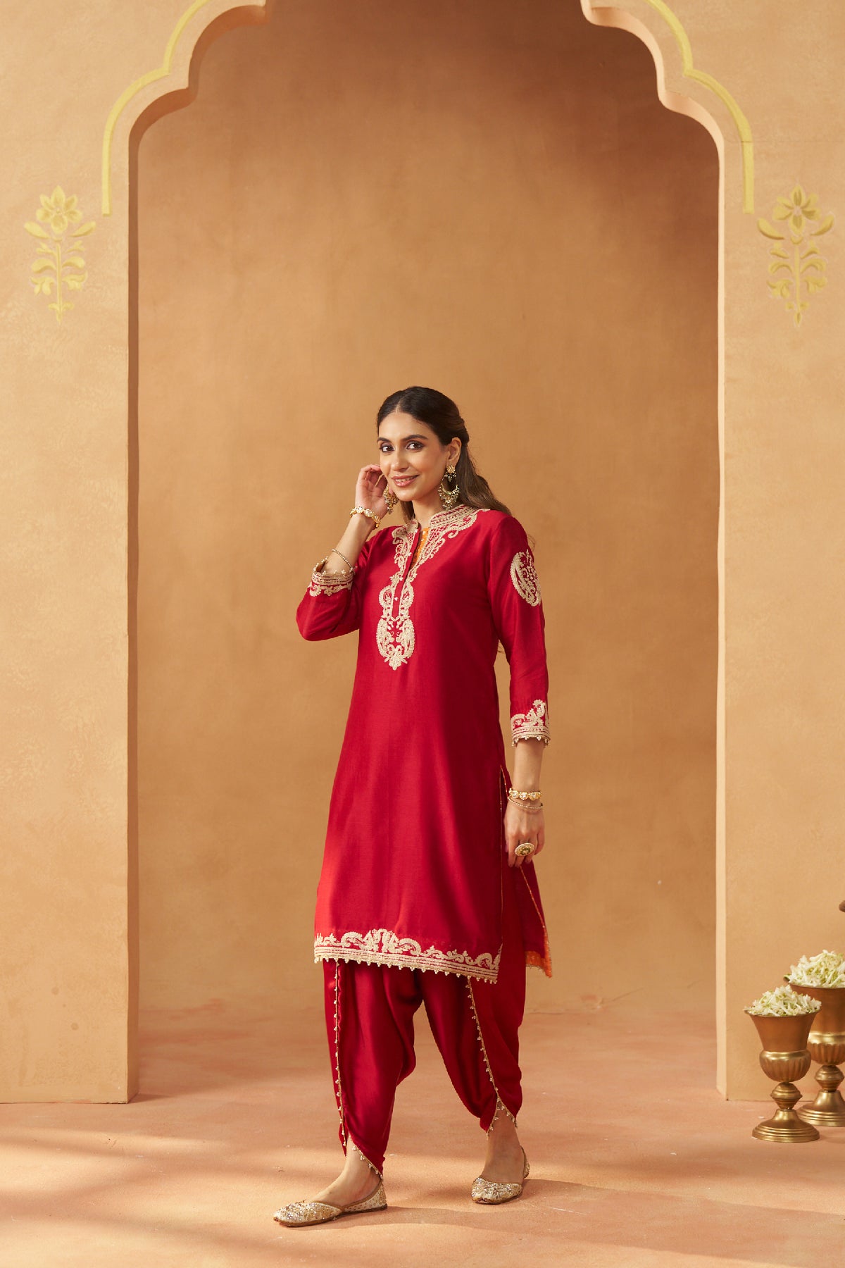 Aabisah- Deep Red Embroidered Kurta With Dhoti