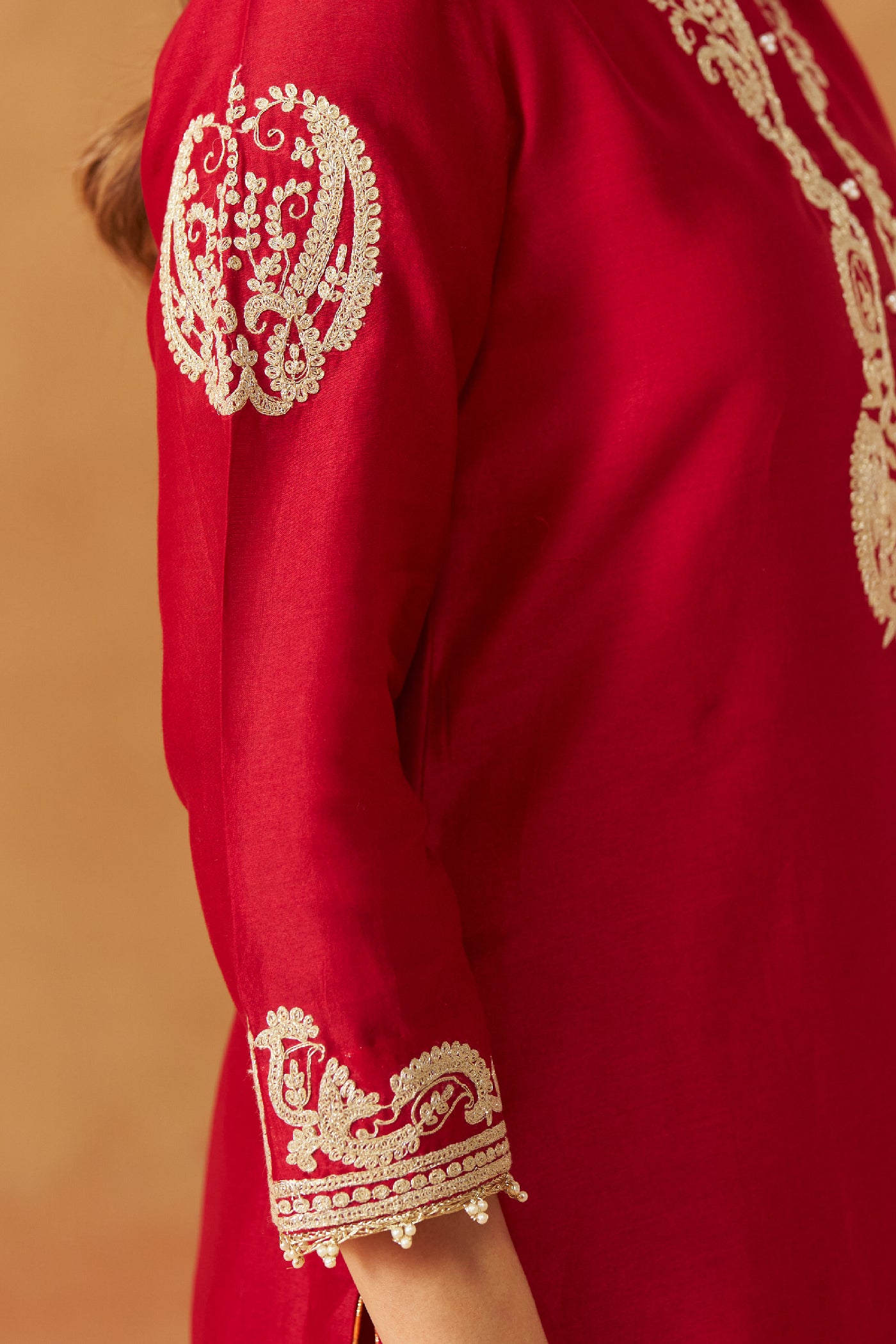 Aabisah- Deep Red Embroidered Kurta With Dhoti