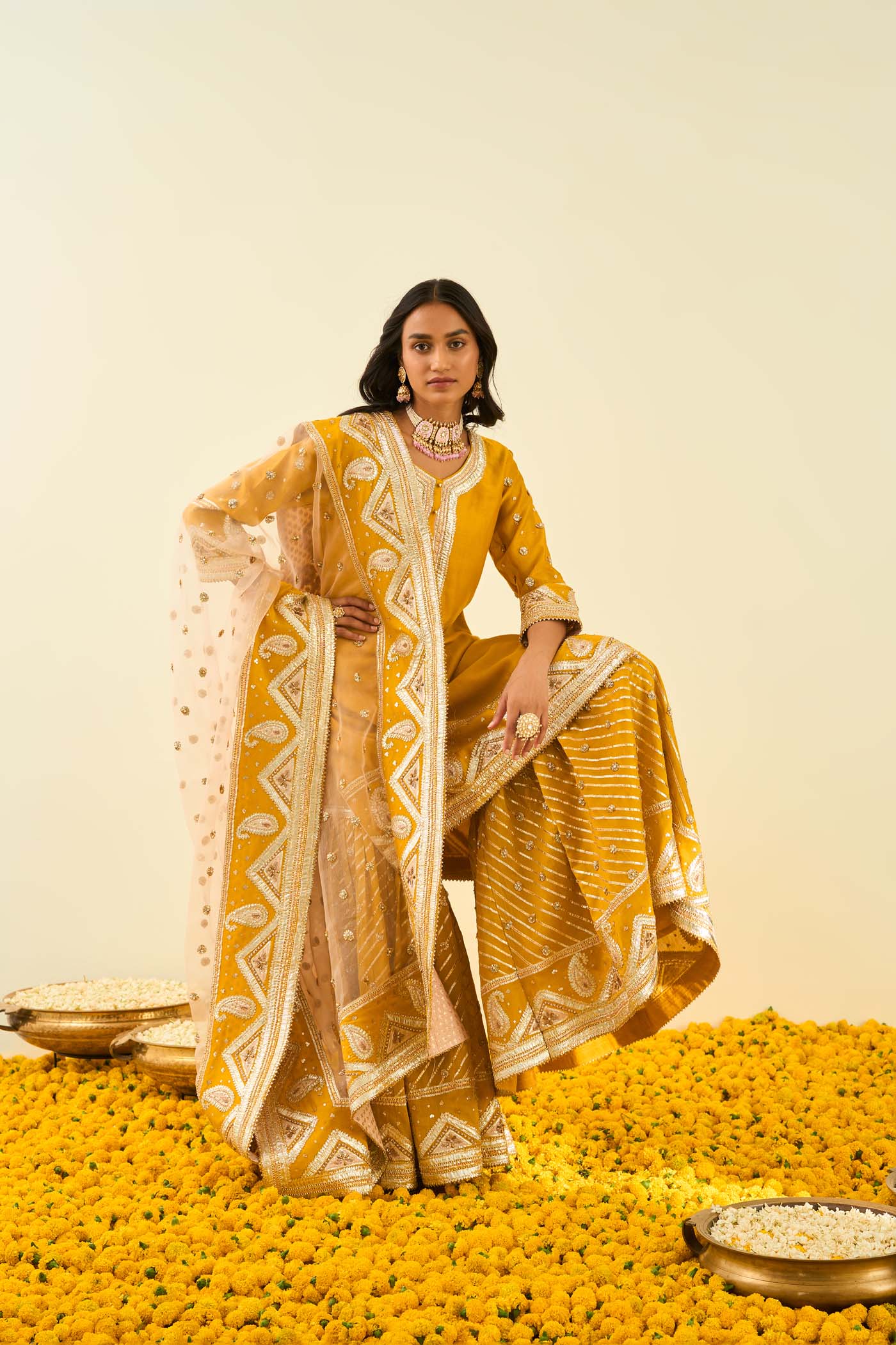 Shafna- Glaze Mustard  short kurta with garara and dupatta