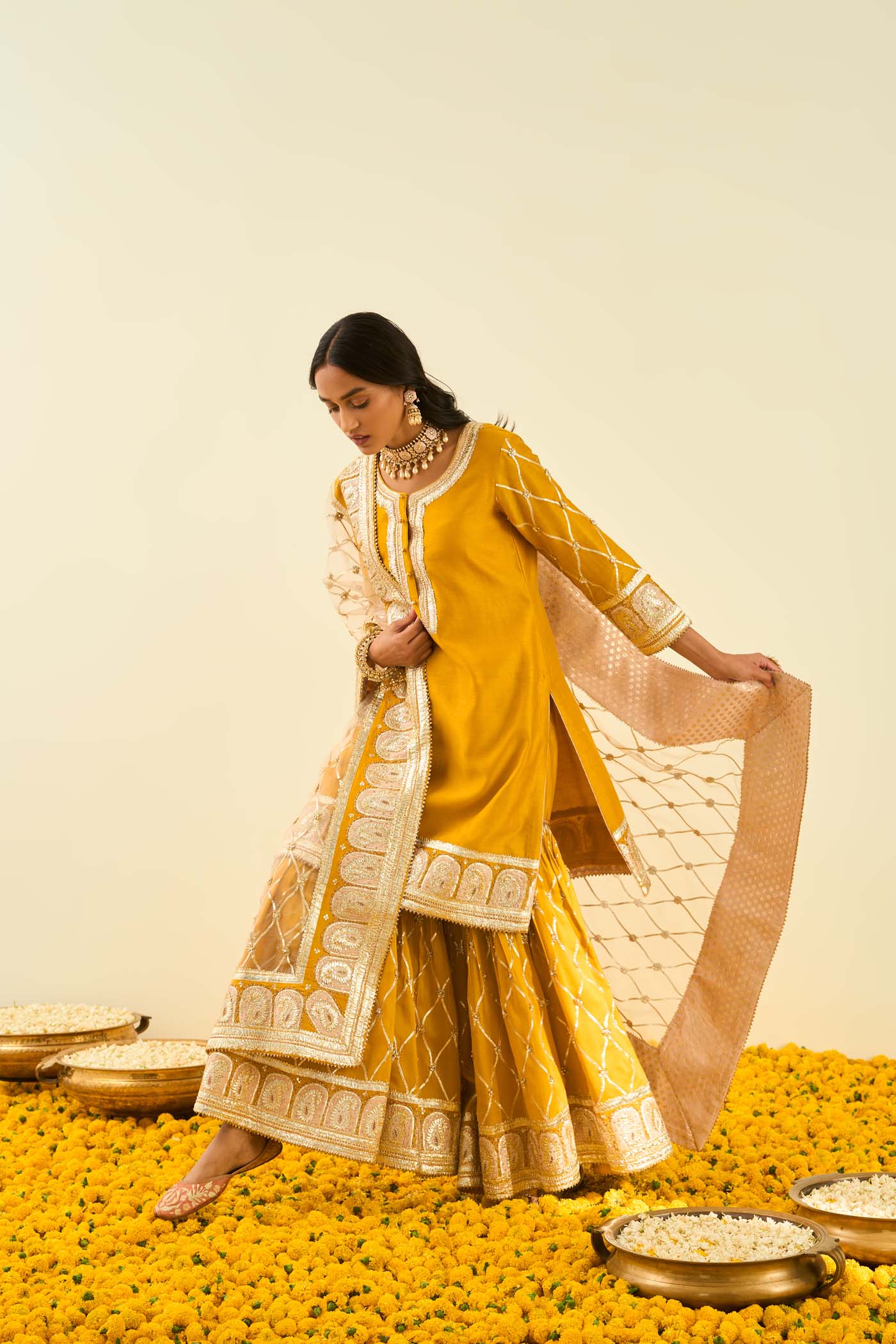 Shabina- Glaze Mustard  short kurta with garara and dupatta