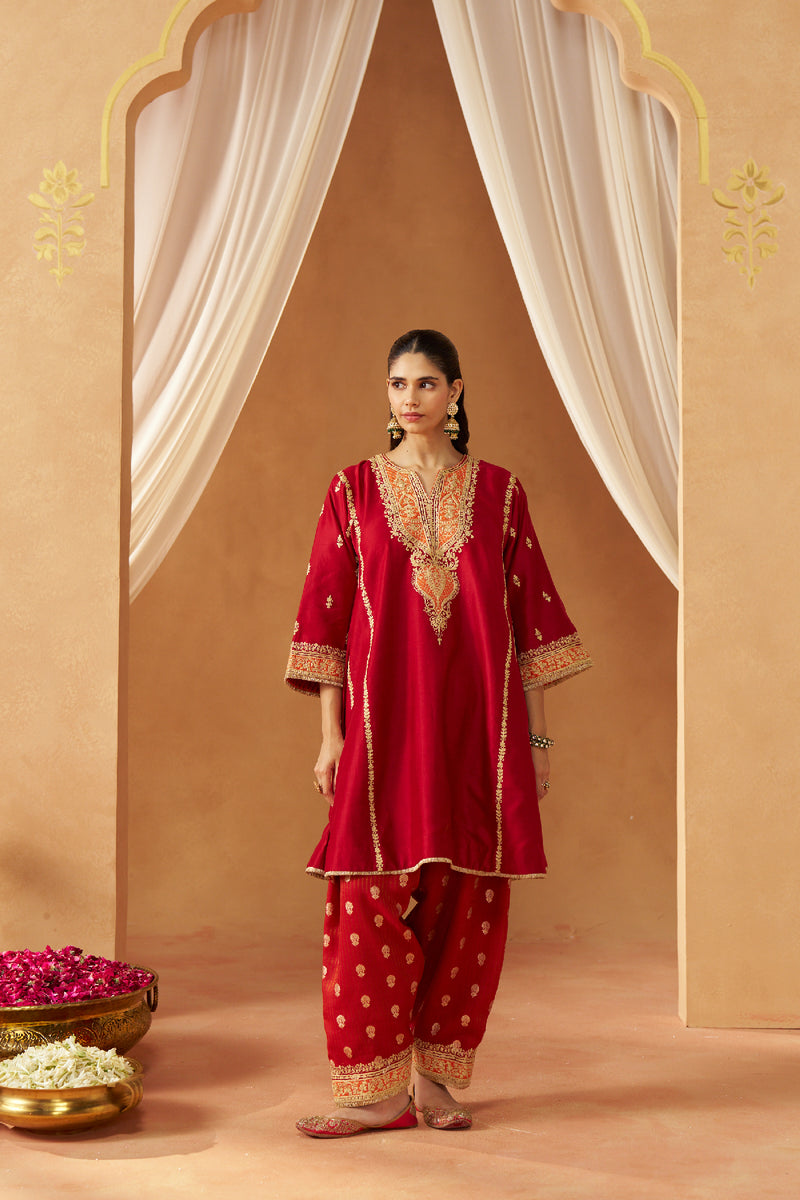 Maahgul Deep Red Kalidaar Chauga with Salwar with Dupatta