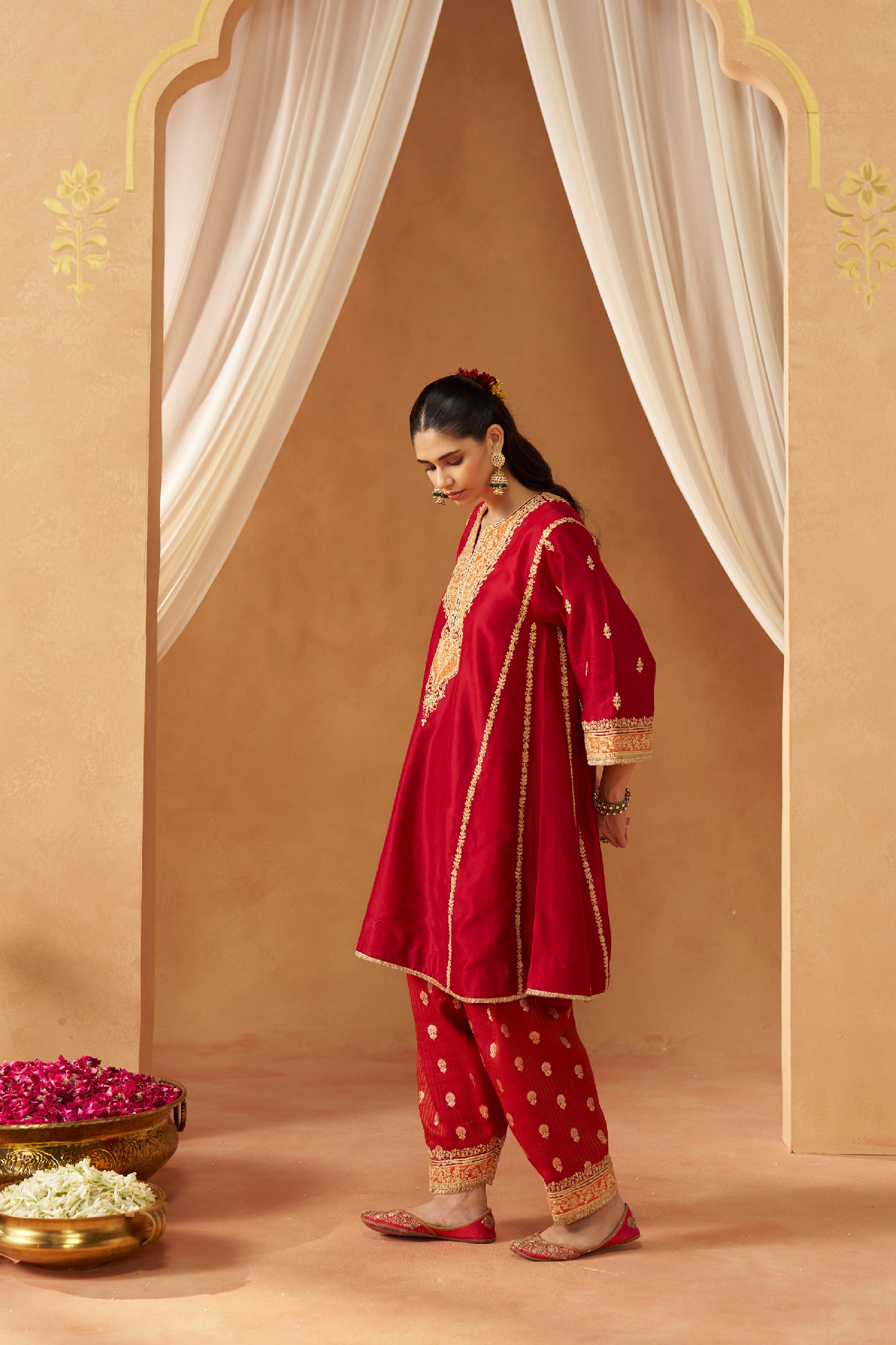 Maahgul Deep Red Kalidaar Chauga with Salwar with Dupatta
