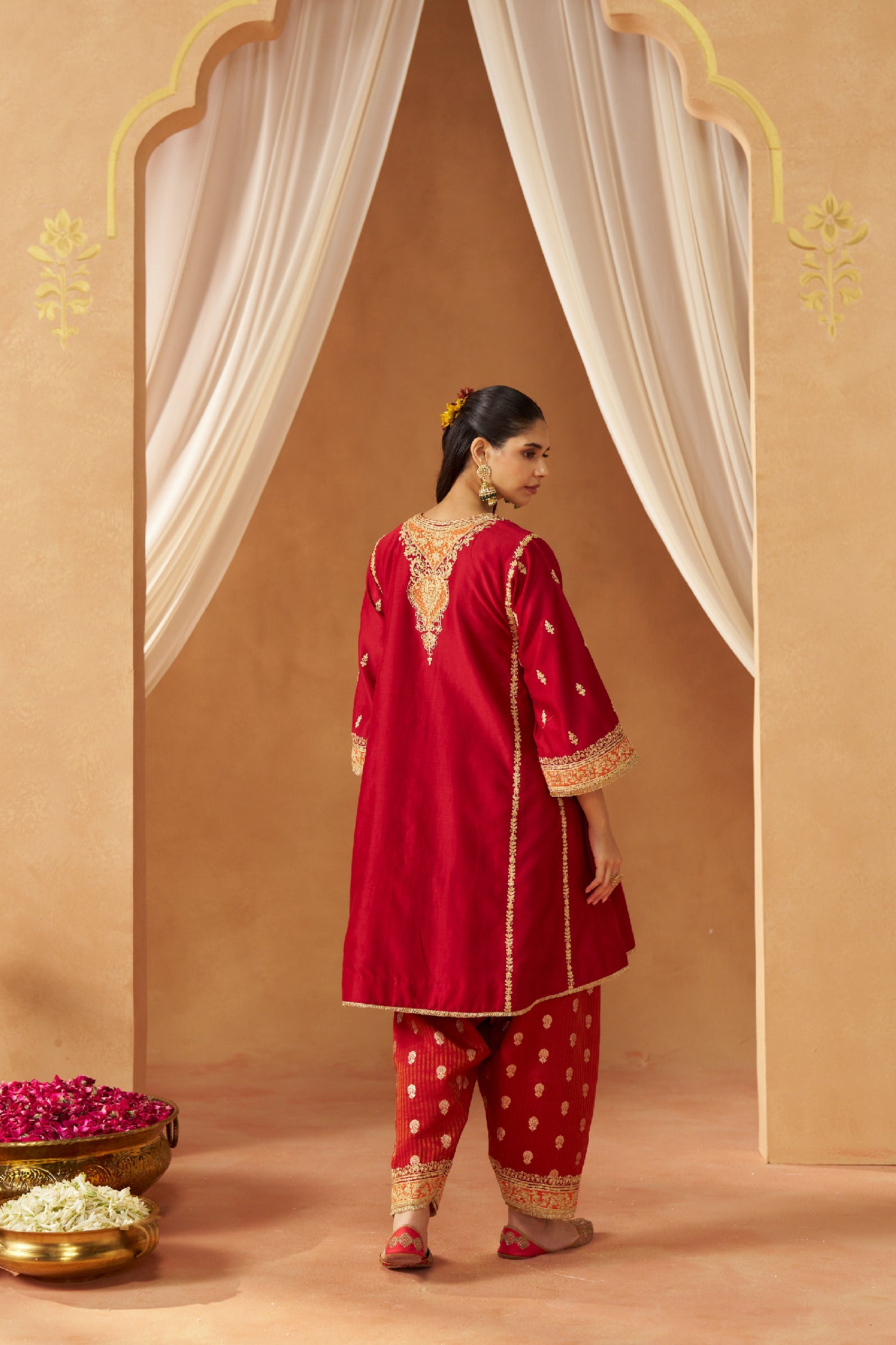 Maahgul Deep Red Kalidaar Chauga with Salwar with Dupatta