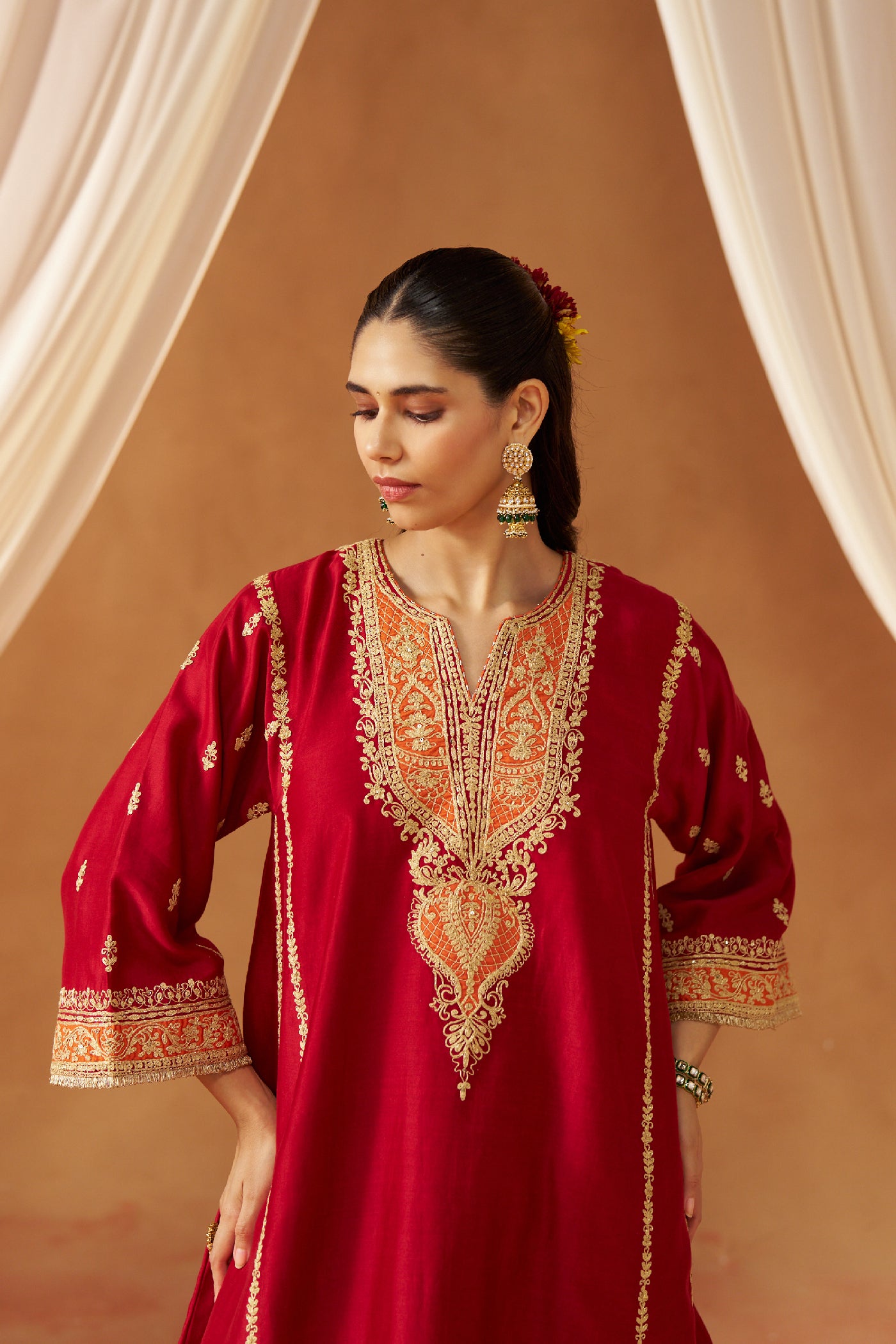 Maahgul Deep Red Kalidaar Chauga with Salwar with Dupatta