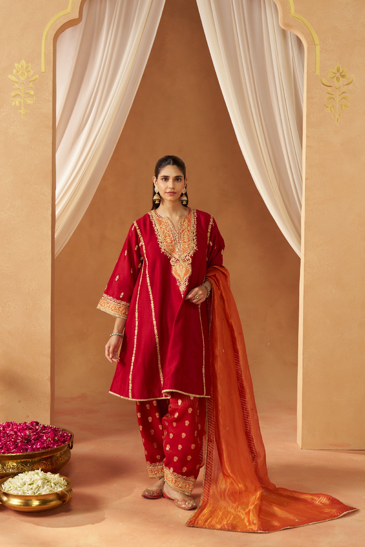Maahgul Deep Red Kalidaar Chauga with Salwar with Dupatta