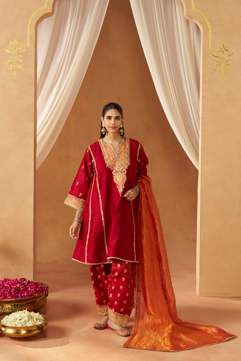 Maahgul Deep Red Kalidaar Chauga with Salwar with Dupatta
