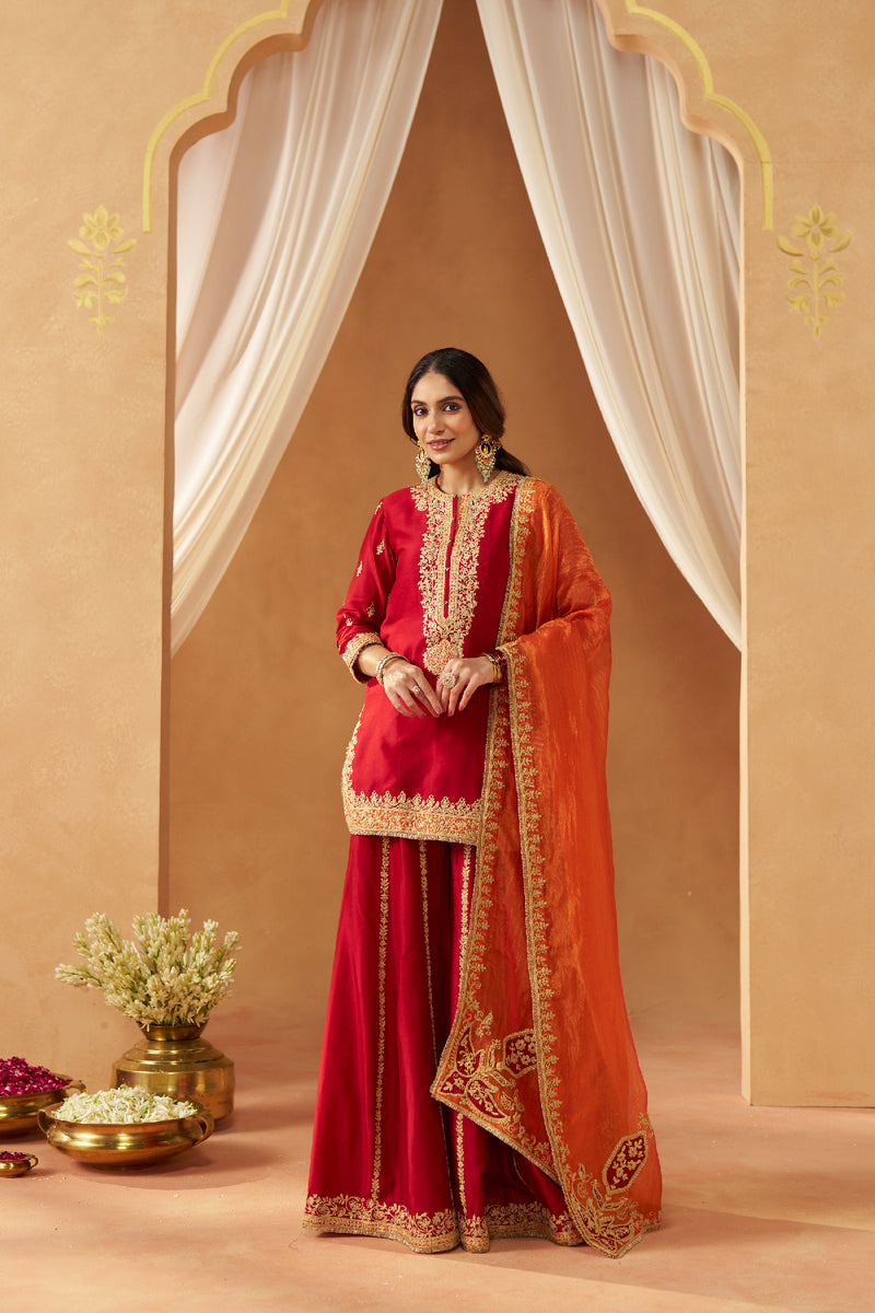 Fadiya Deep Red Kurta with Sharara and Dupatta