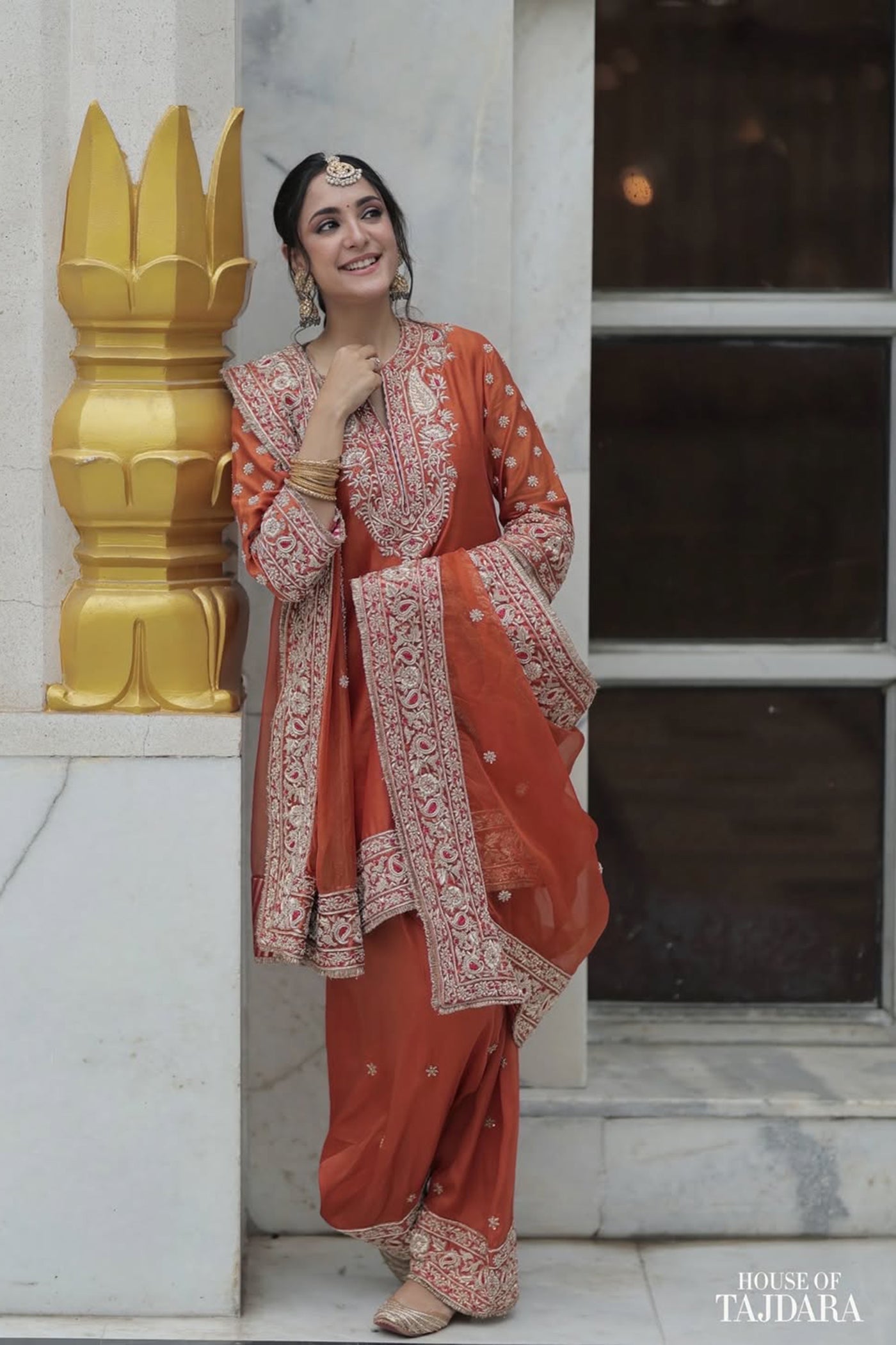 Kanikka Kapur In Naseha Burnt orange Dabka Zardozi Embroidered Short kurta Set