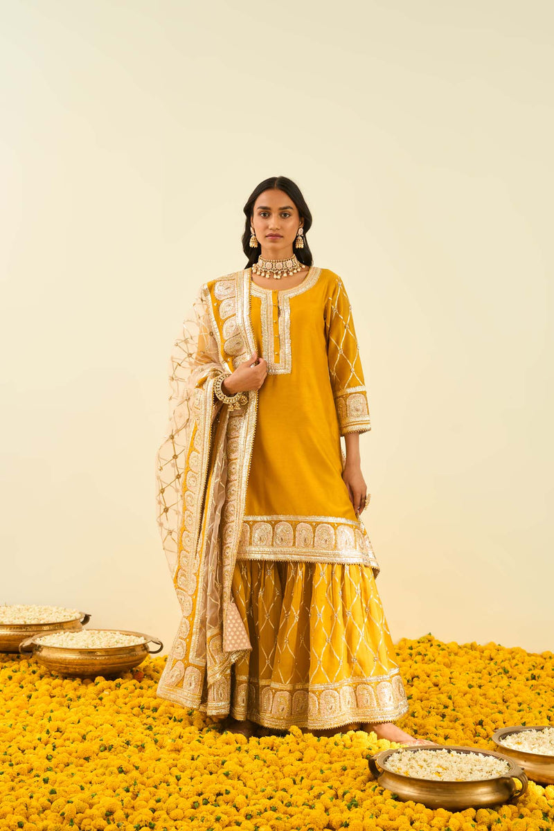 Sukhneet Wadhwa IN Shabina- Glaze Mustard short kurta with garara and dupatta