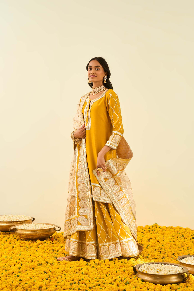Shabina- Glaze Mustard short kurta with garara and dupatta