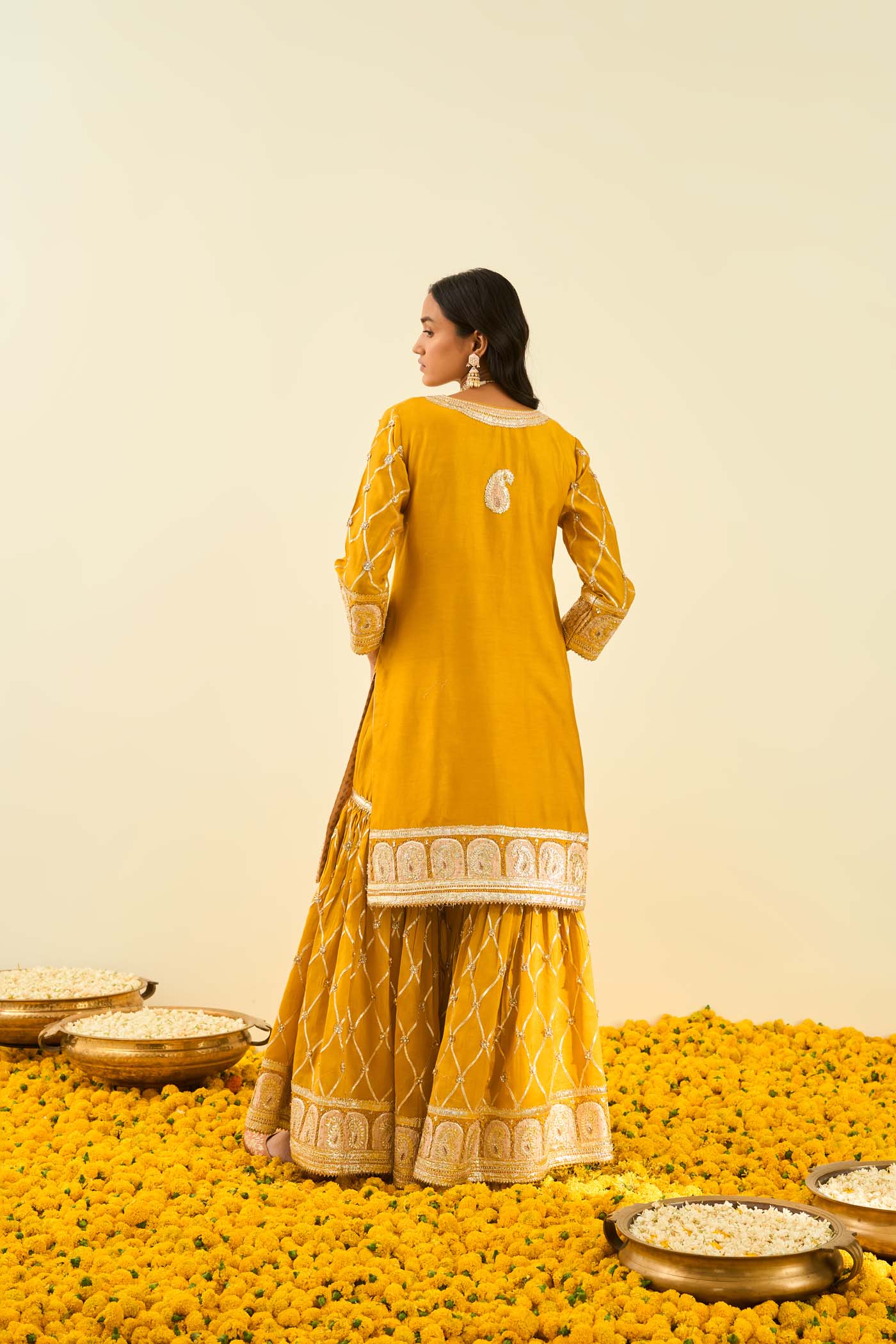 Shabina- Glaze Mustard  short kurta with garara and dupatta