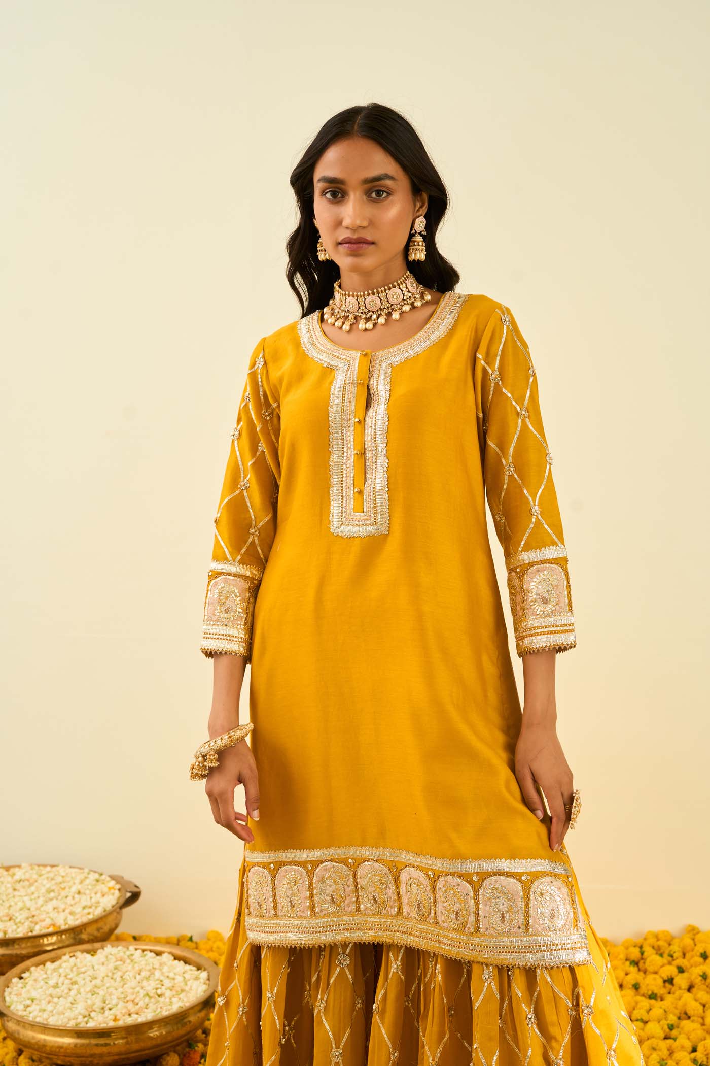 Shabina- Glaze Mustard  short kurta with garara and dupatta