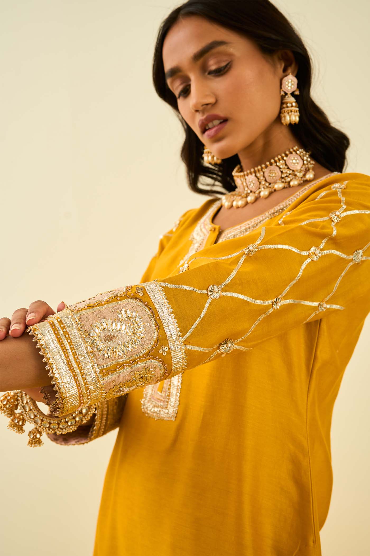 Shabina- Glaze Mustard  short kurta with garara and dupatta