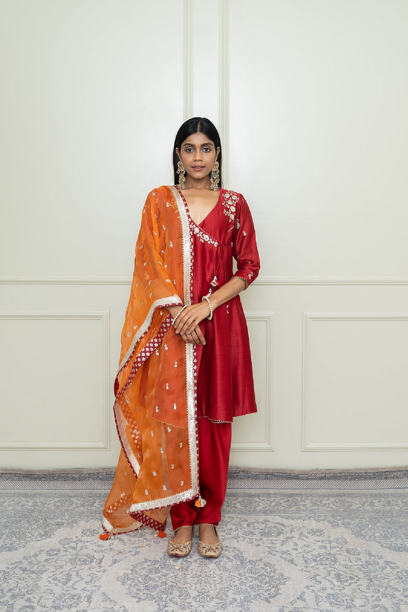 Shafira-Scarlet Red Tilla Embroidered Angrakha Kurta Set