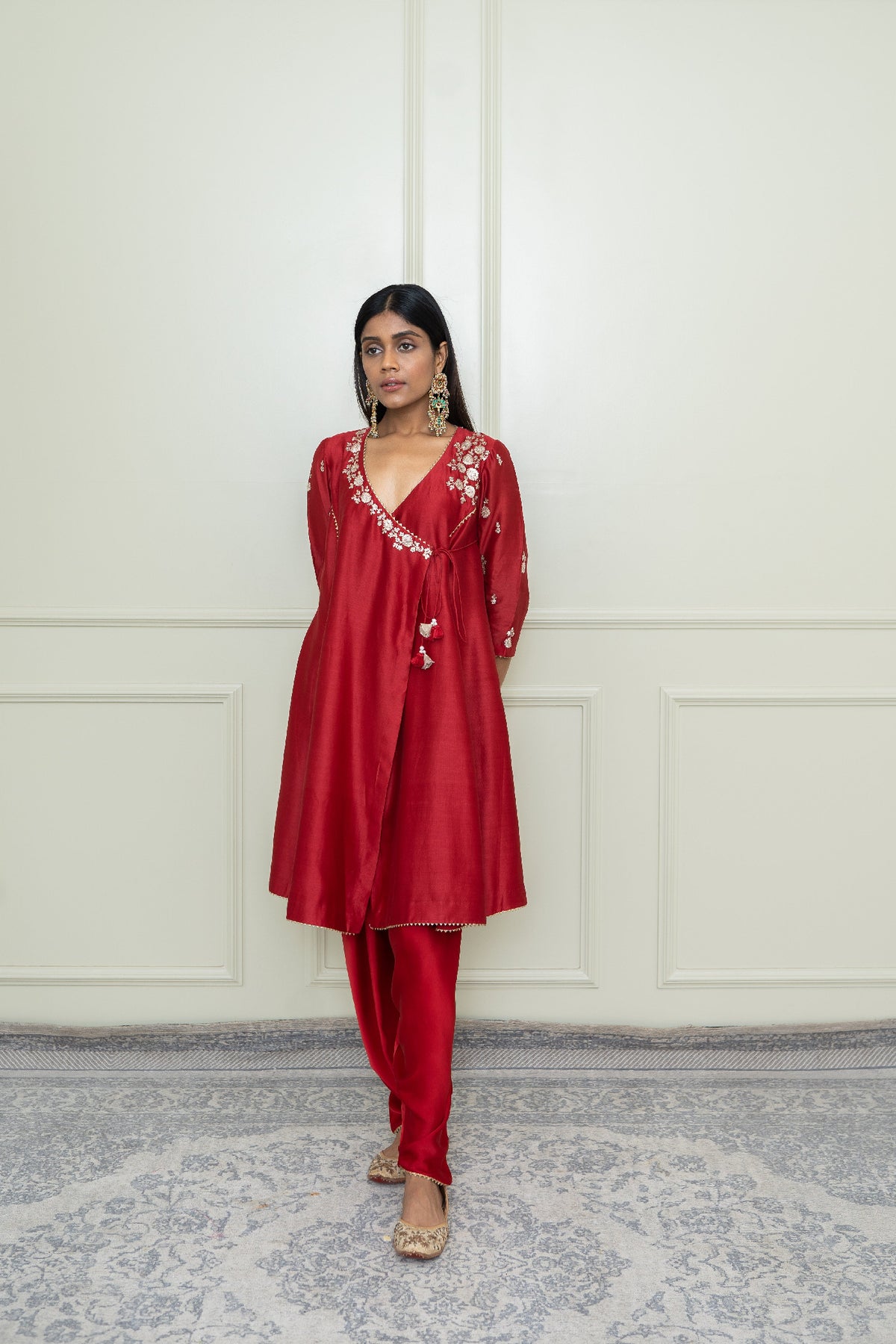 Shafira-Scarlet Red Tilla Embroidered Angrakha Kurta Set