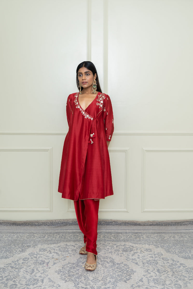 Shafira-Scarlet Red Tilla Embroidered Angrakha Kurta Set