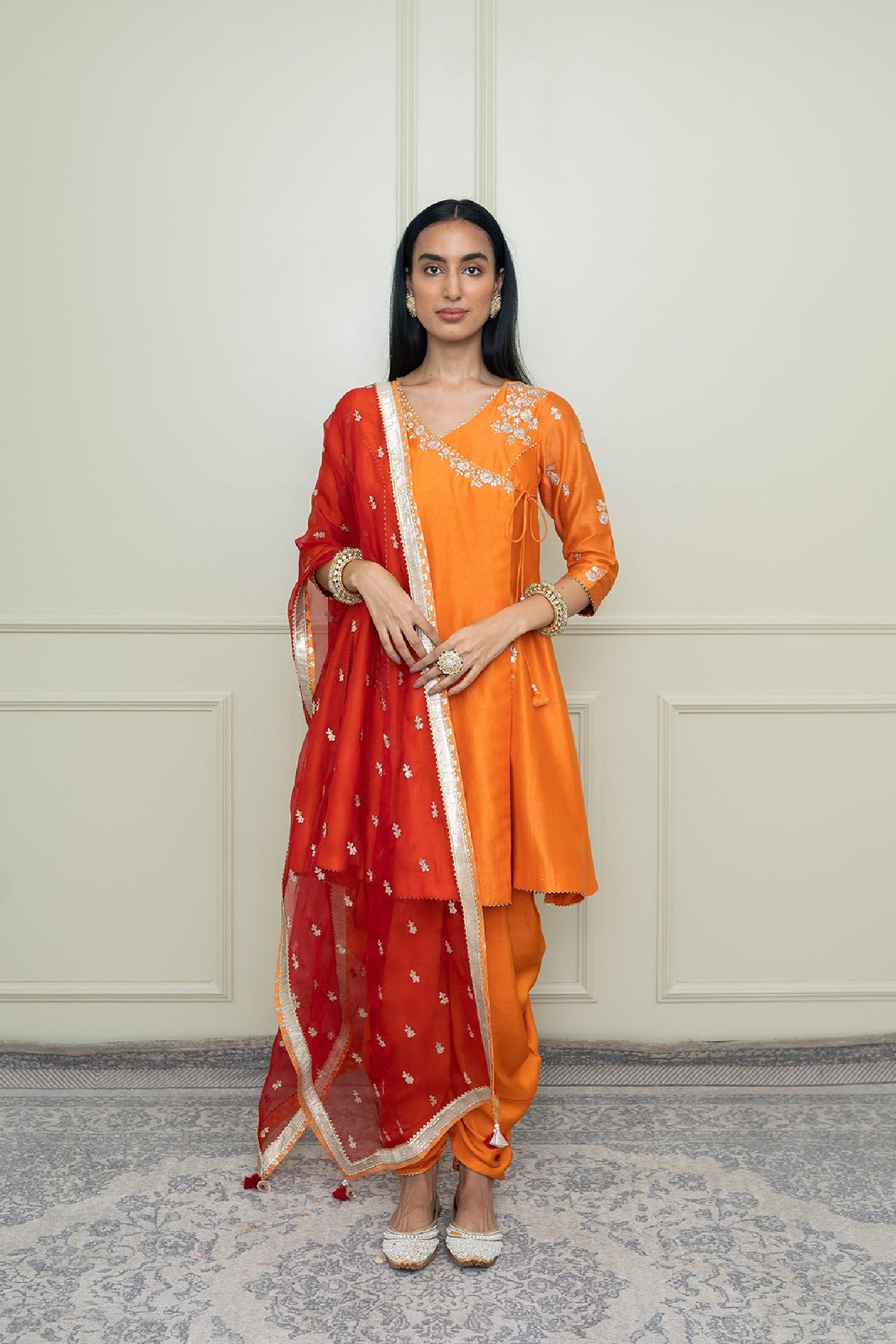 Shafira- Pumpkin Burnt Orange Tilla Embroidered Angrakha Kurta Set