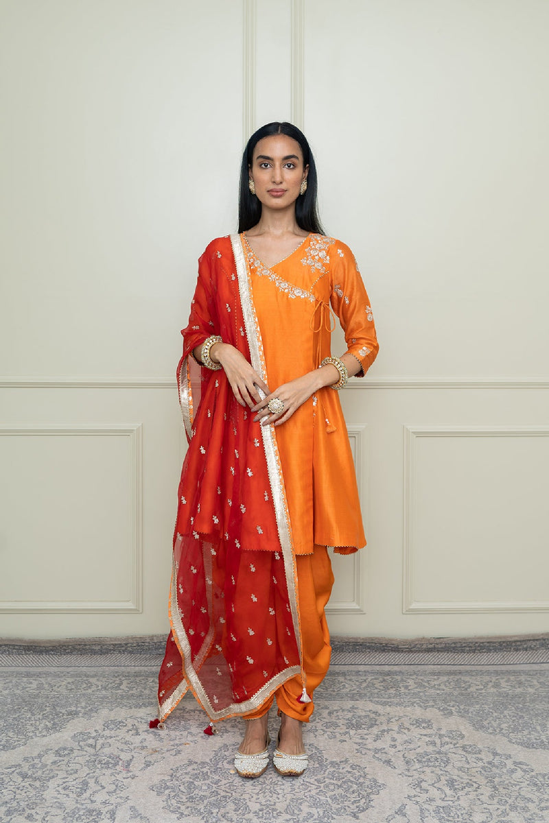 Shafira- Pumpkin Burnt Orange Tilla Embroidered Angrakha Kurta Set