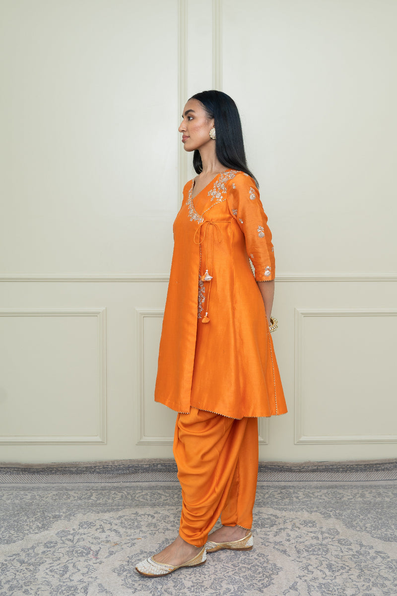Shafira- Pumpkin Burnt Orange Tilla Embroidered Angrakha Kurta Set