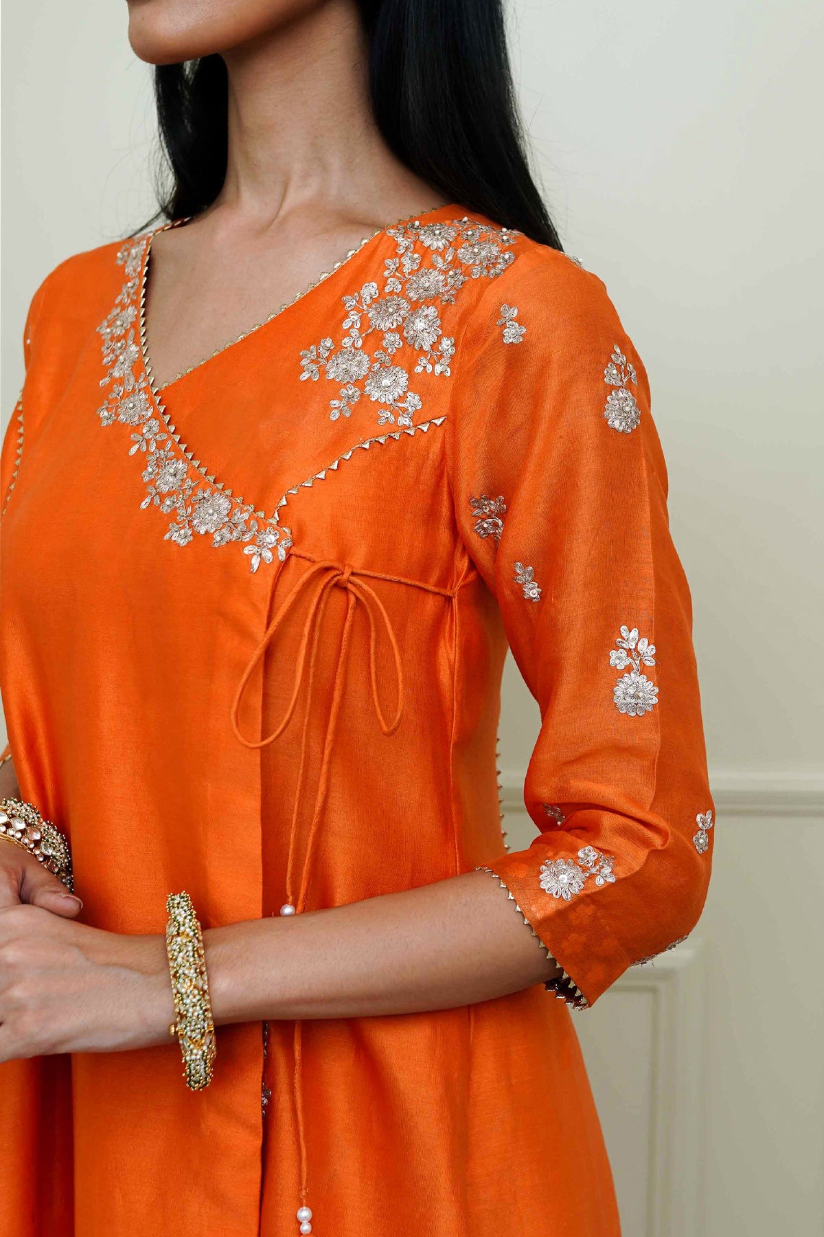 Shafira- Pumpkin Burnt Orange Tilla Embroidered Angrakha Kurta Set