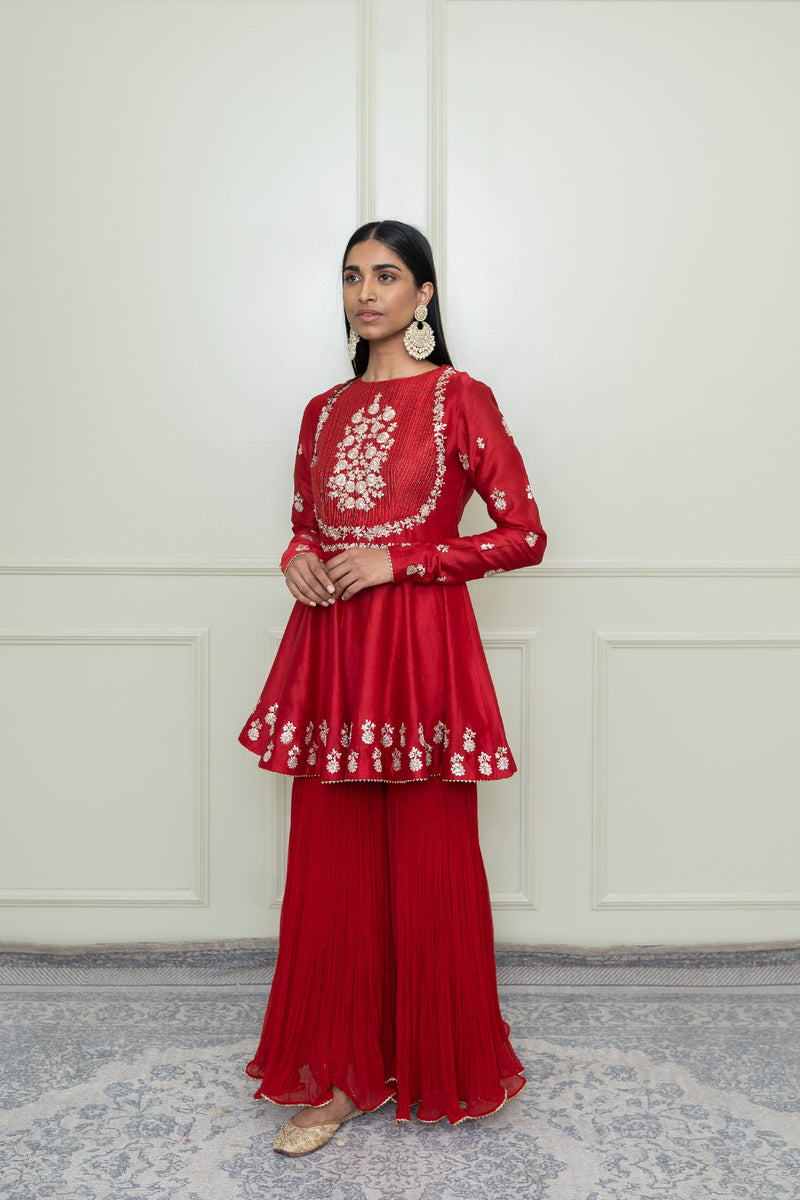 Shahana-Scarlet Red Georgette Gharara Set