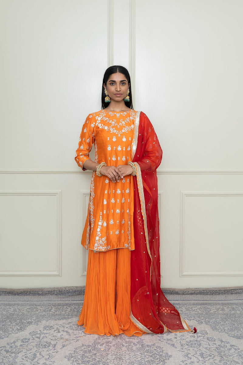 Shahira-Pumpkin Burnt Orange Tilla Embroidered Kurta Set