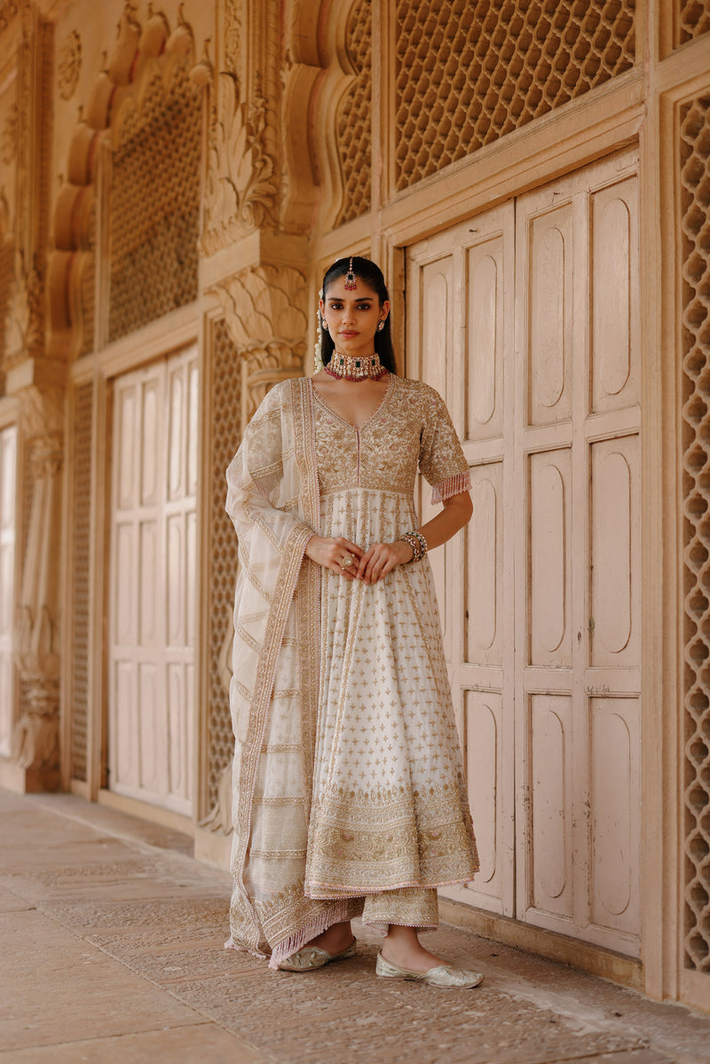 Nafees  - Daisy Ivory Kalidaar Anarkali Set with Palazzo & Dupatta