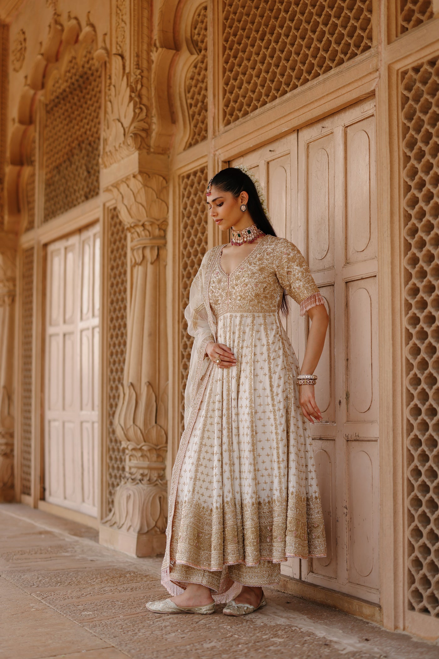 Nafees  - Daisy Ivory Kalidaar Anarkali Set with Palazzo & Dupatta