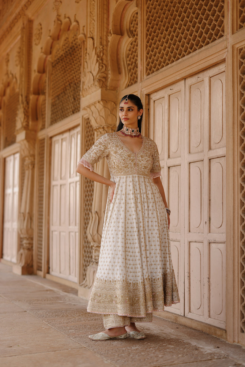 Nafees  - Daisy Ivory Kalidaar Anarkali Set with Palazzo & Dupatta