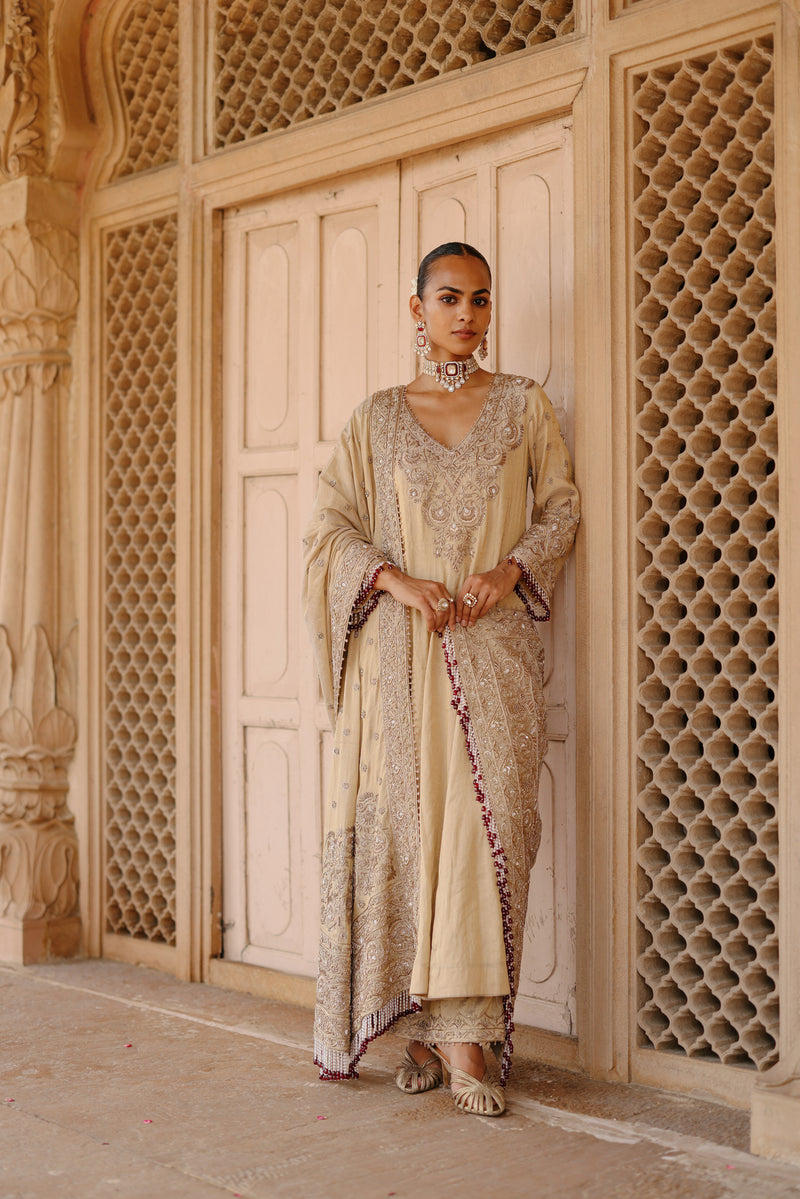 Rooh – Gold Tissue Long Kalidaar Anarkali Set with Palazzo & Dupatta