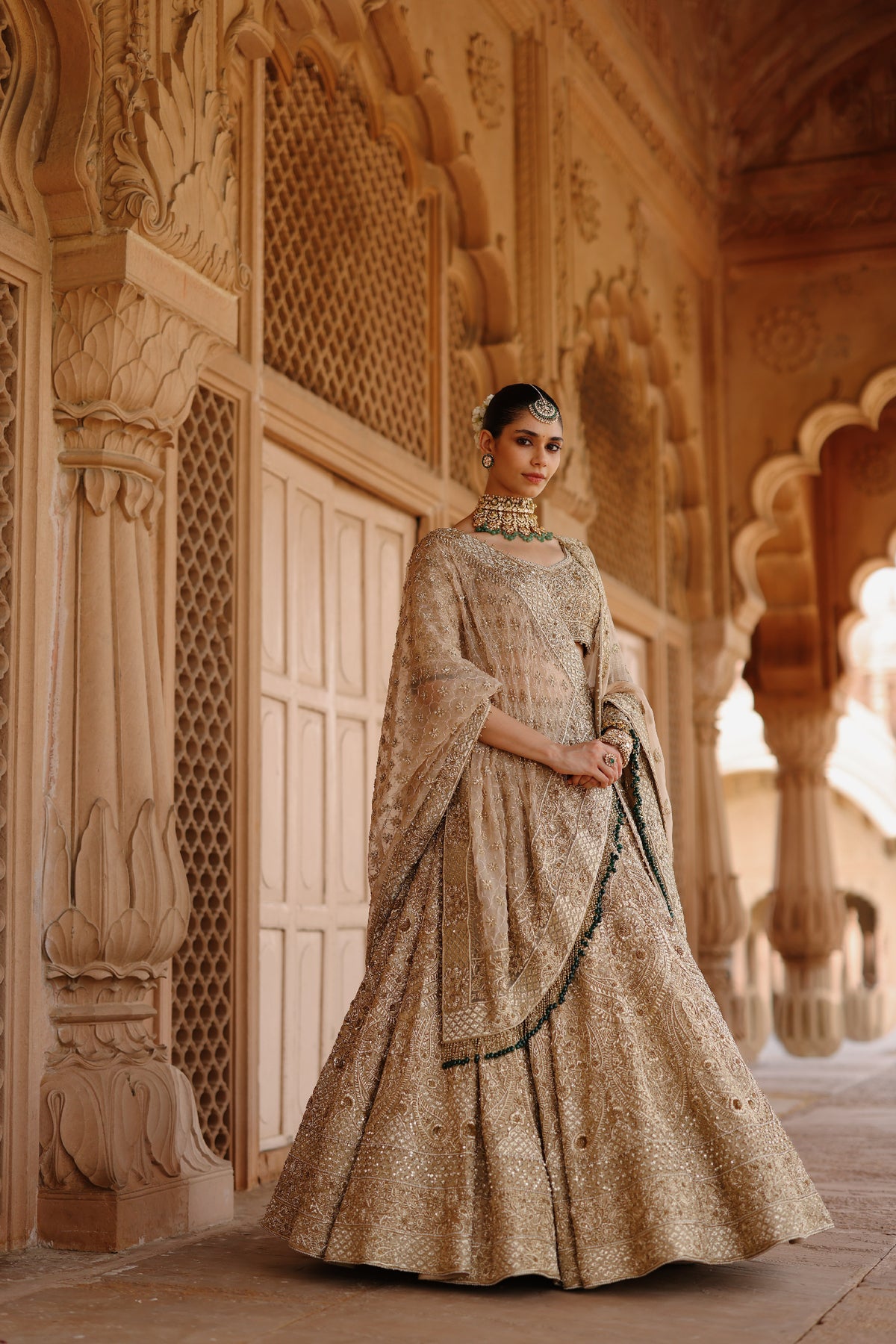 Afreen - Gold Tissue Lehenga Set with Blouse & Silk Organza Dupattas
