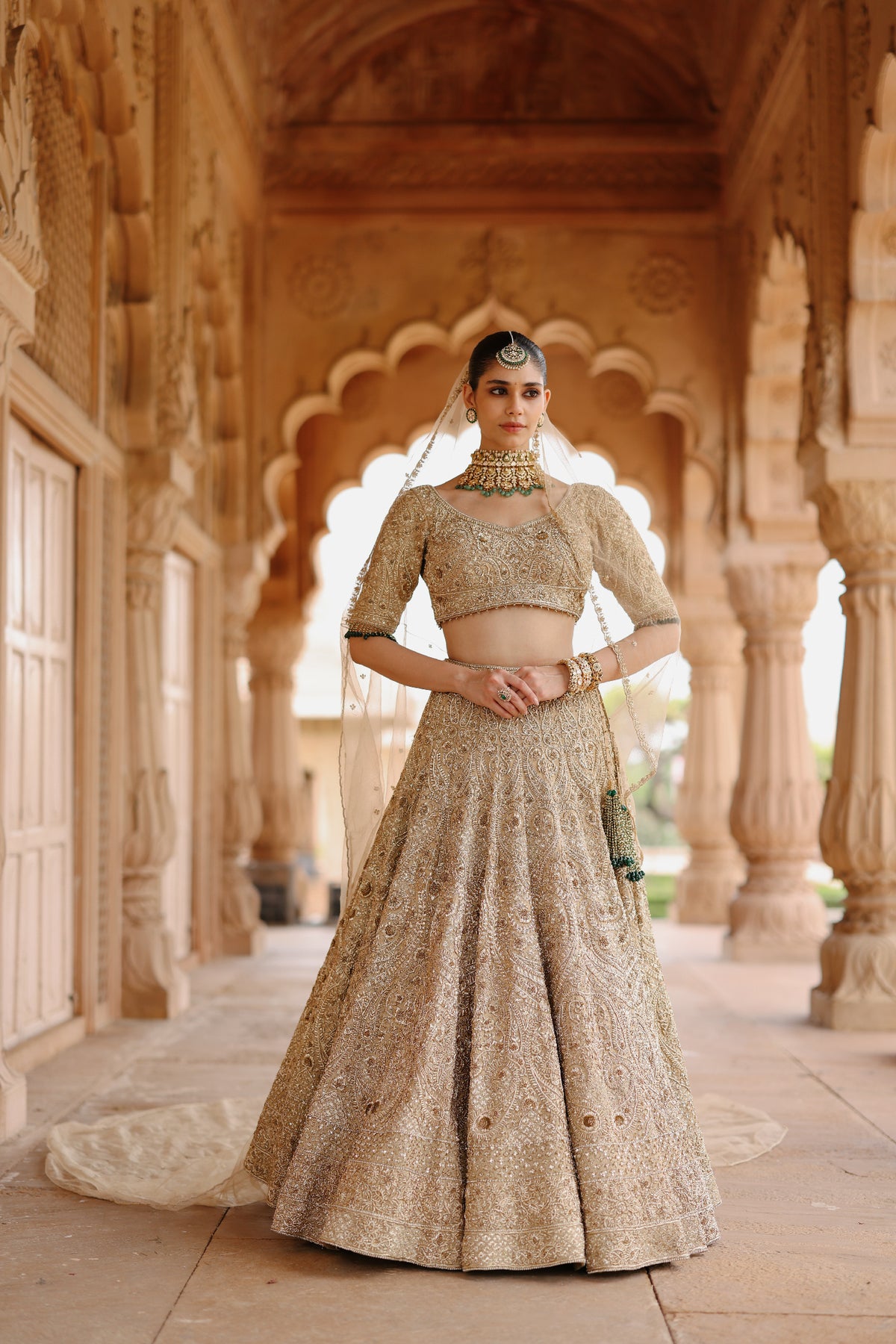 Afreen - Gold Tissue Lehenga Set with Blouse & Silk Organza Dupattas