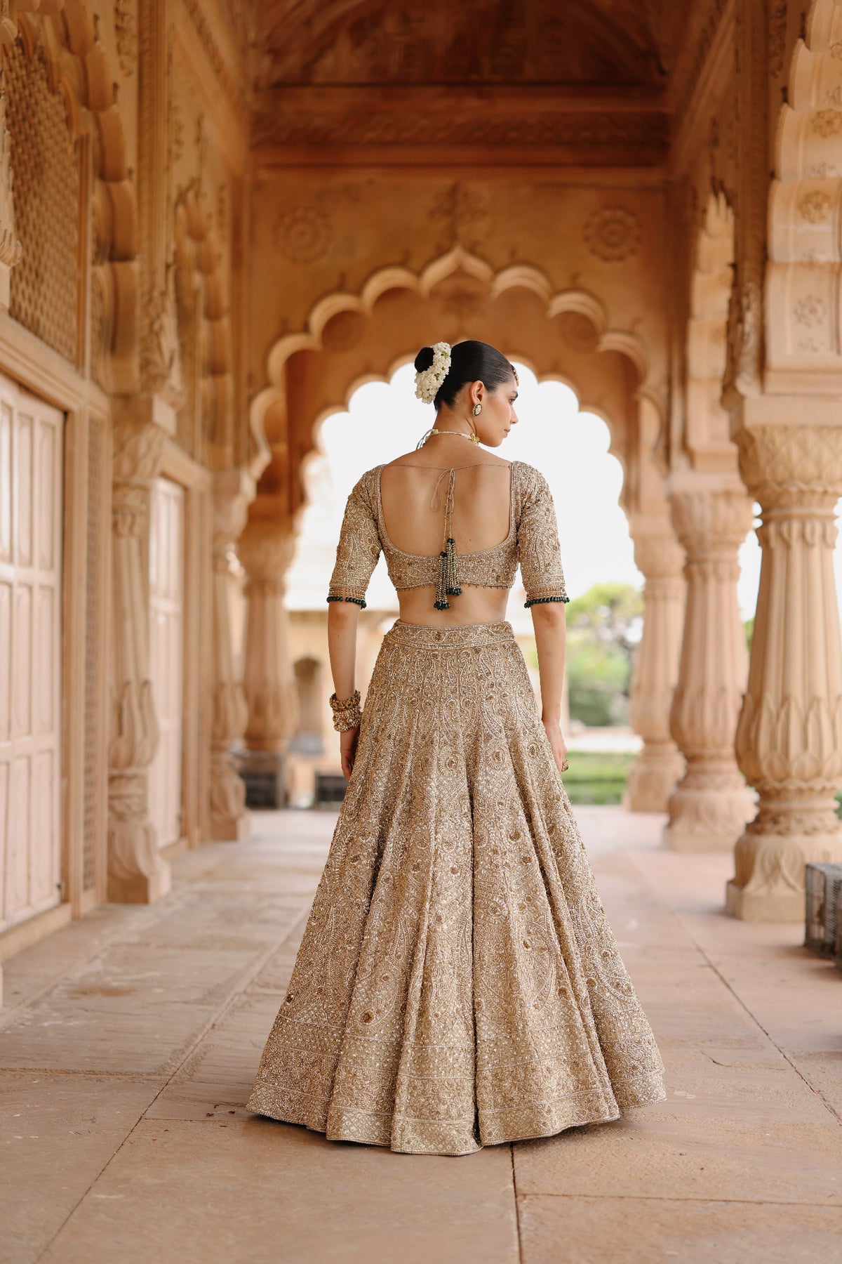 Afreen - Gold Tissue Lehenga Set with Blouse & Silk Organza Dupattas