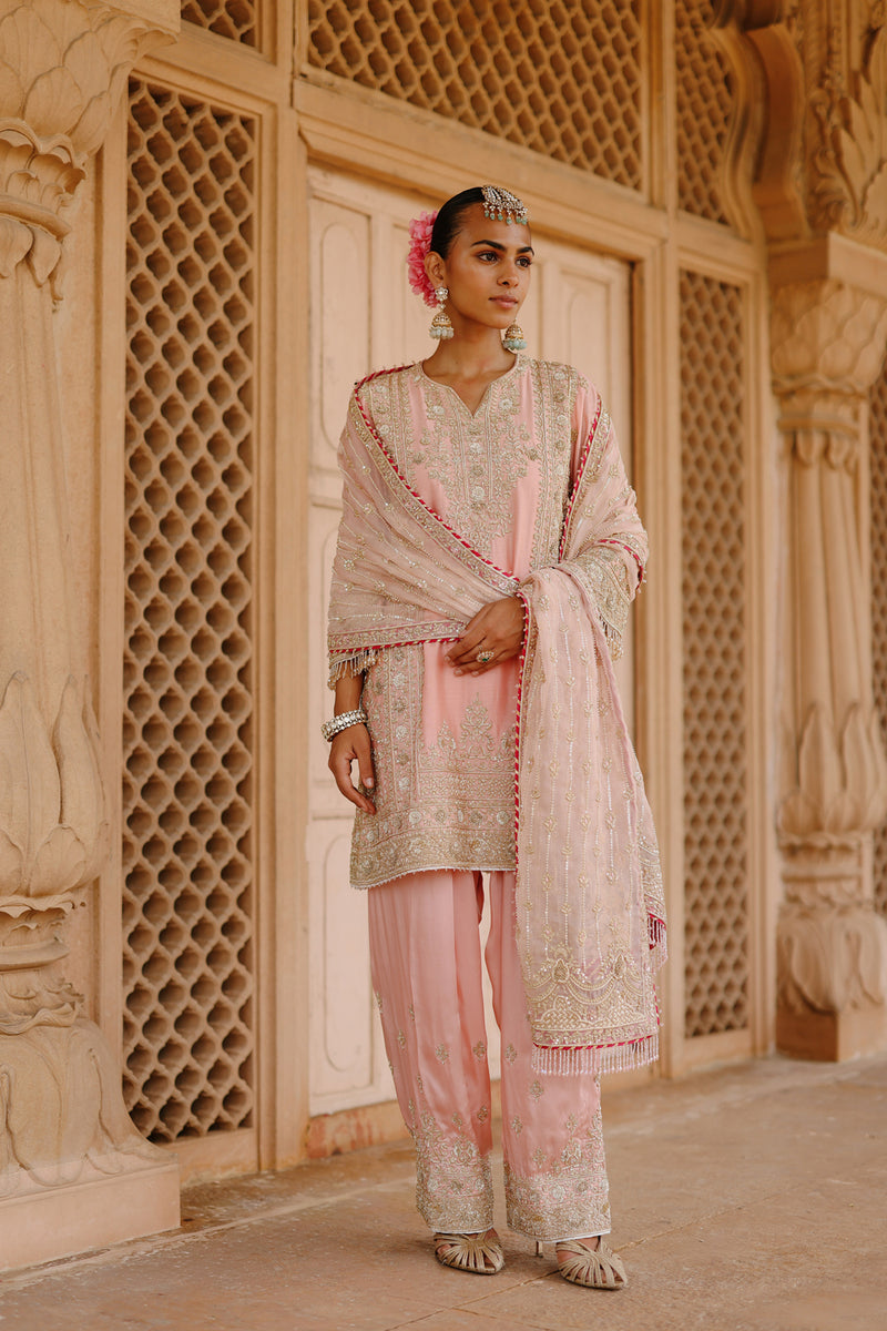 Elaya - Pink Short Kurta Set with Matching Salwar & Dupatta