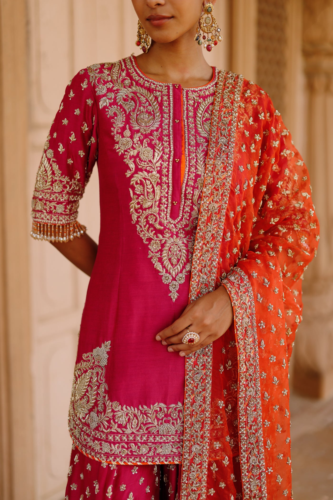 Maysam - Rani Hot Pink Kurta Set with Sharara & Dupatta