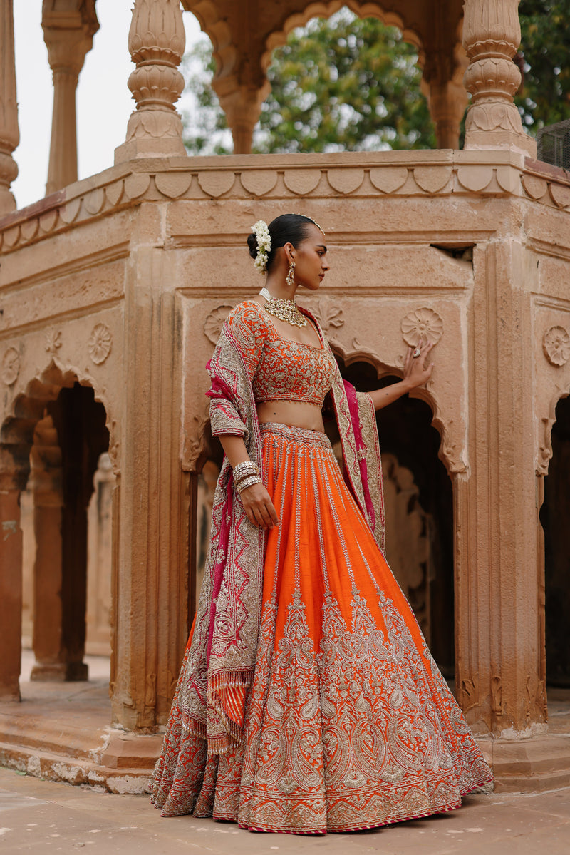 Nagma  - Orange Lehenga Set with Blouse & Rani Hot Pink Dupatta