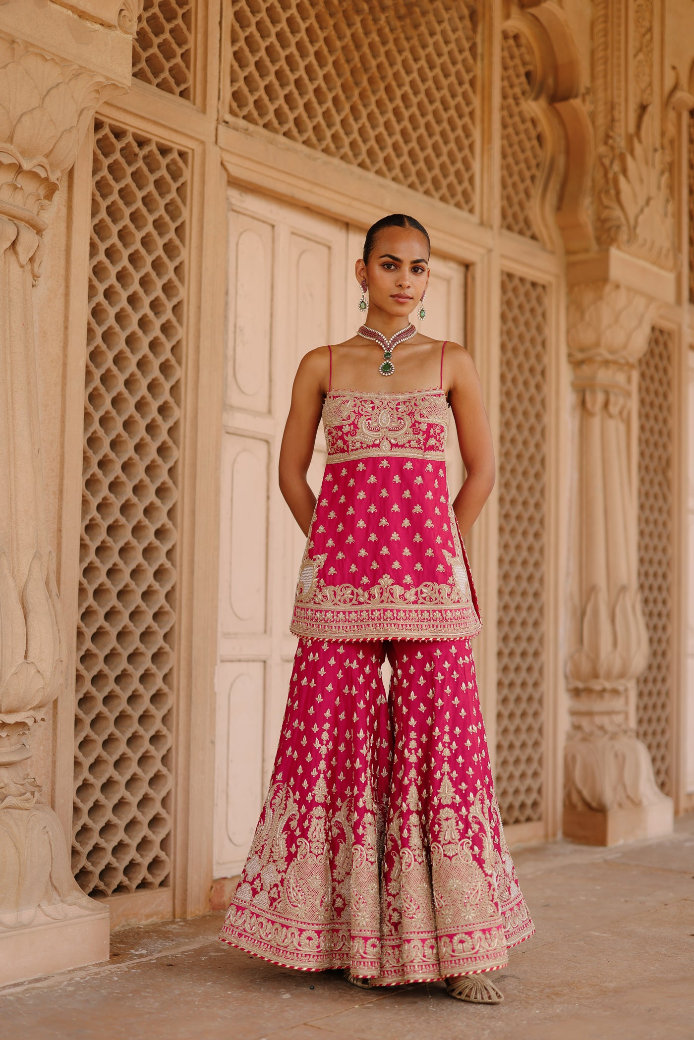 Nisbat - Rani Hot Pink Kurta Set with Garara & Dupatta