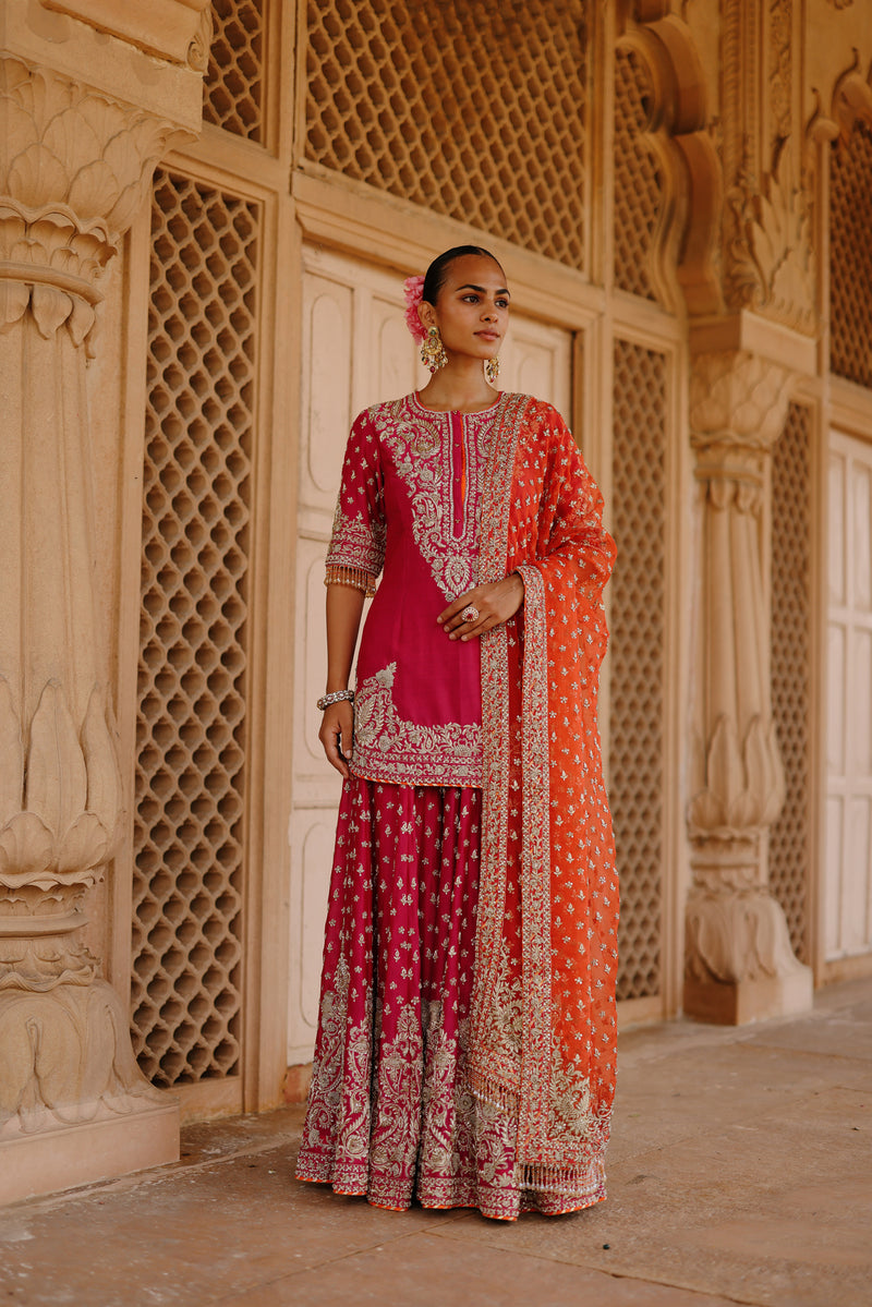 Maysam - Rani Hot Pink Kurta Set with Sharara & Dupatta