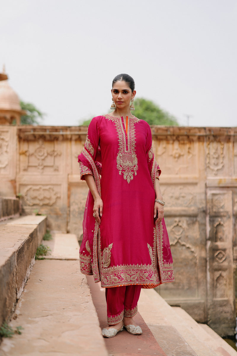 Arwa - Rani Hot Pink Long Kurta Set with Salwar & Dupatta