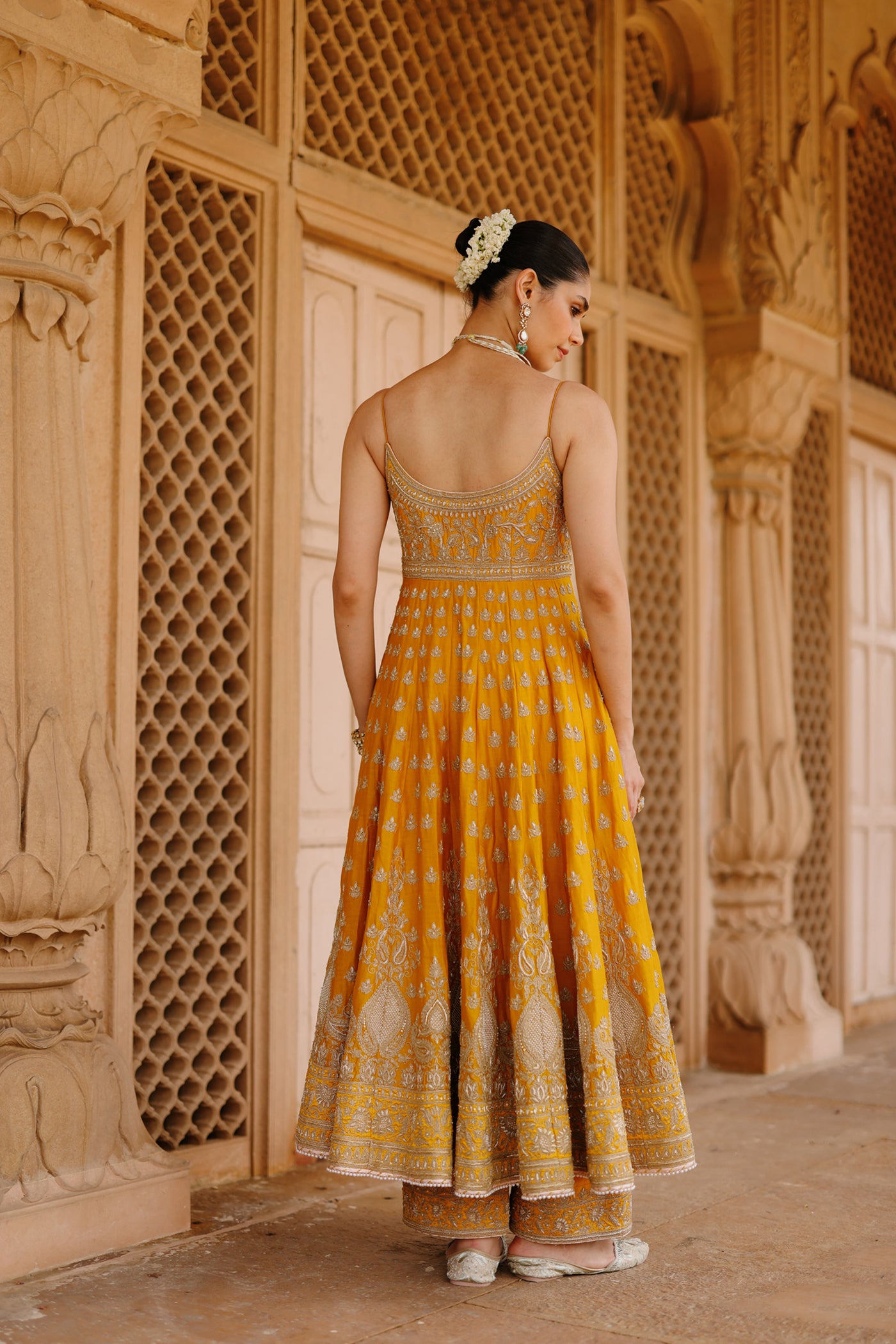 Afraa - Mustard Anarkali Set with Palazzo & Dupatta