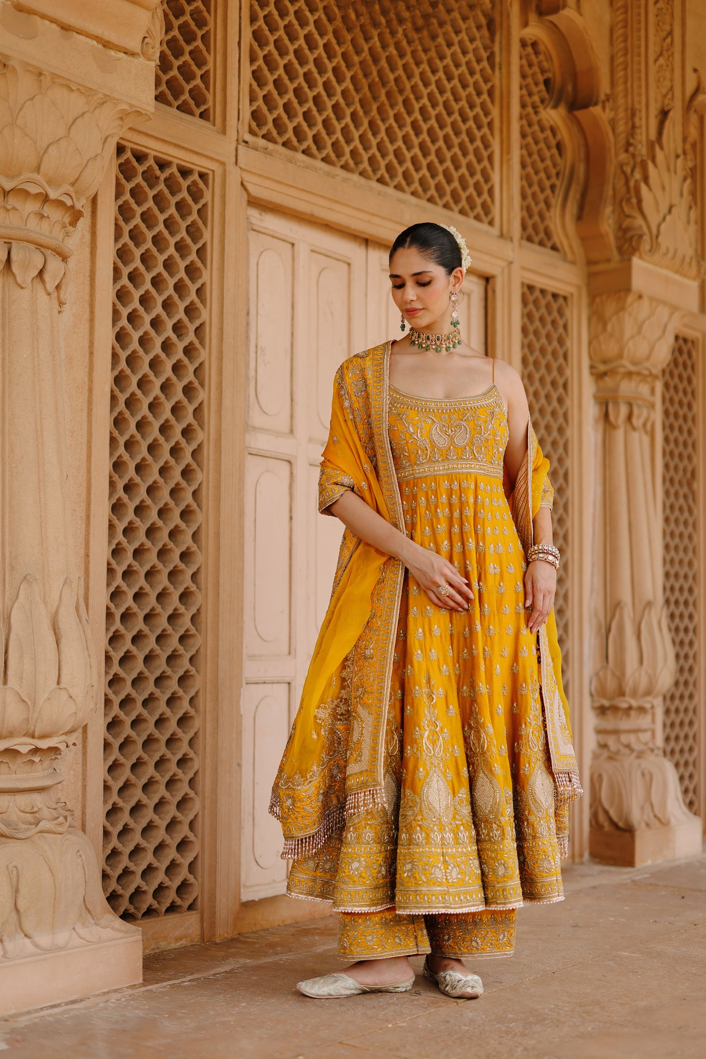 Afraa - Mustard Anarkali Set with Palazzo & Dupatta