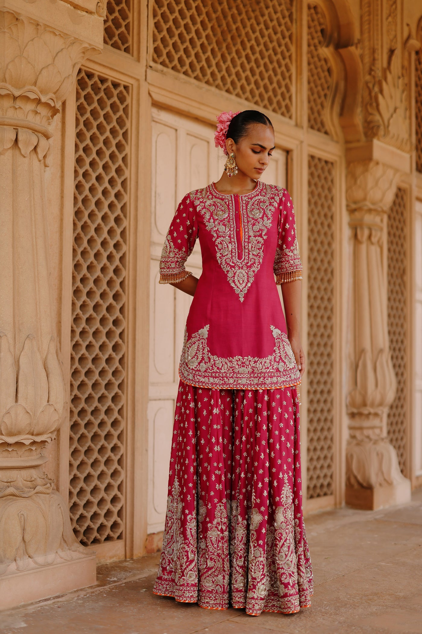 Maysam - Rani Hot Pink Kurta Set with Sharara & Dupatta
