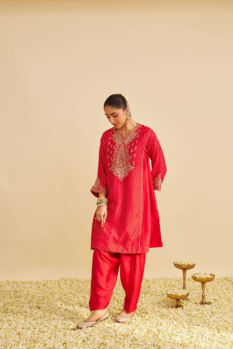 KAYRA - RED SHORT GATHERED CHAUGA WITH SALWAR